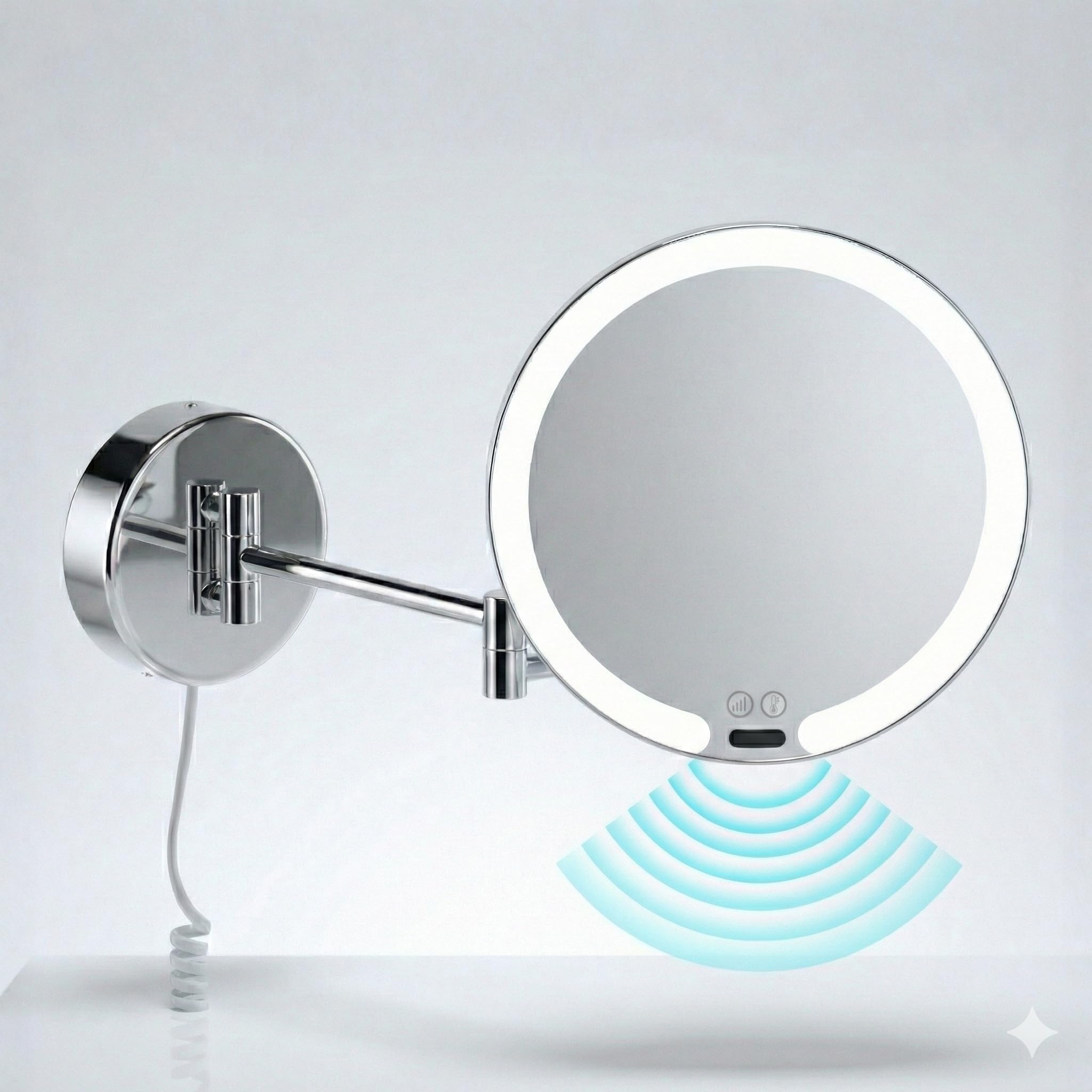 Vittoria Espejo de Aumento de Pared con LED – Espejo de Maquillaje Redondo 7X con Sensor y Atenuador – Brazo Extensible en Metal Cromado, Cable Blanco