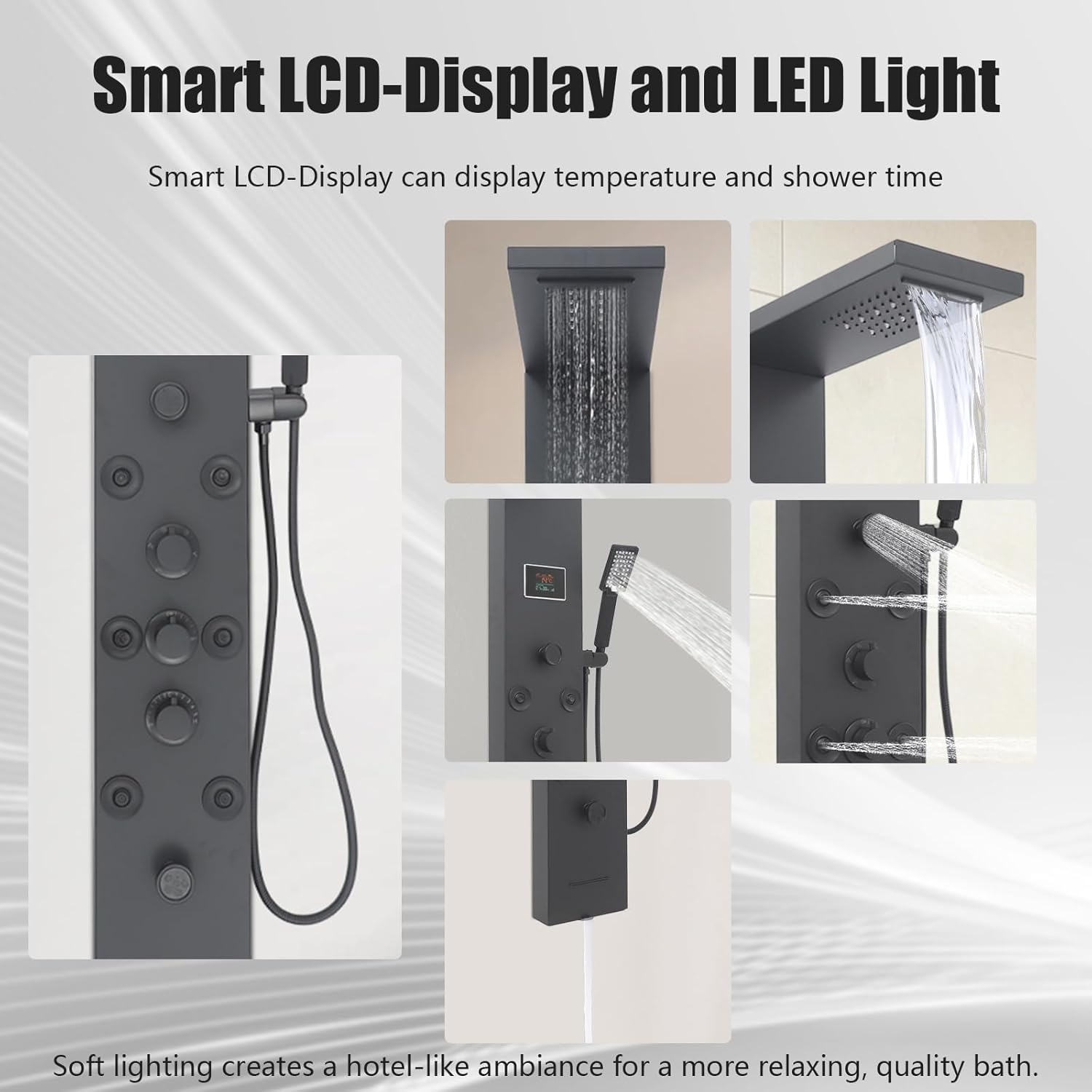 6-in-1 LED Shower Panel Tower System with 8 Adjustable Body Jets, Rainfall & Waterfall Shower, Smart Temperature Display, 59" Hose, Brushed Gold Stainless Steel, Wall Mounted (Black)