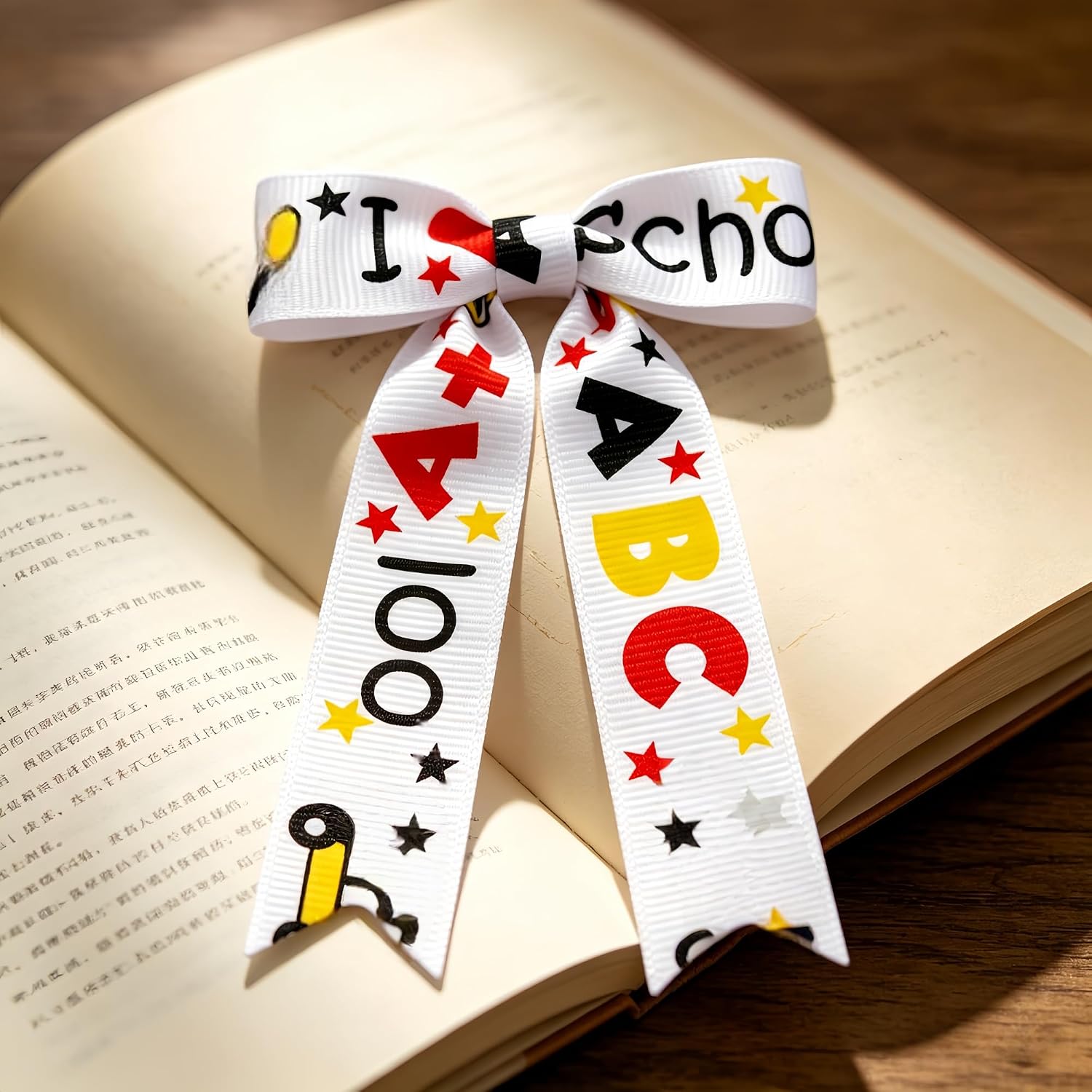 Meseey 24 Pcs 3.5x5 Inch Back to School Ribbon Bows, ABC Alphabet & Apple Themed Pre-Tied Grosgrain Bows with Twist Ties for Teacher Appreciation Gifts, Classroom Decor, DIY Crafts & Gift Wrapping