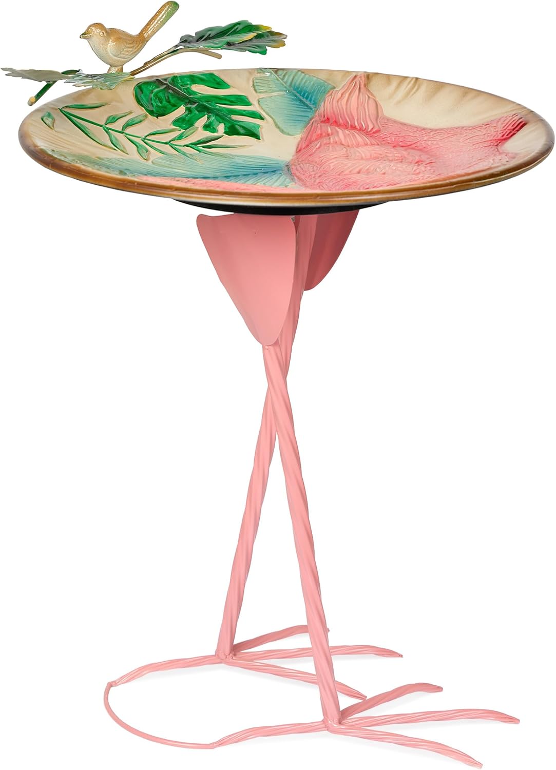 Alpine Corporation ORS876 Outdoor Metal Birdbath w/ Stylish Stand, Flamingo Pattern Birdbath Bowl and Stand, 23"H, Pink/Blue