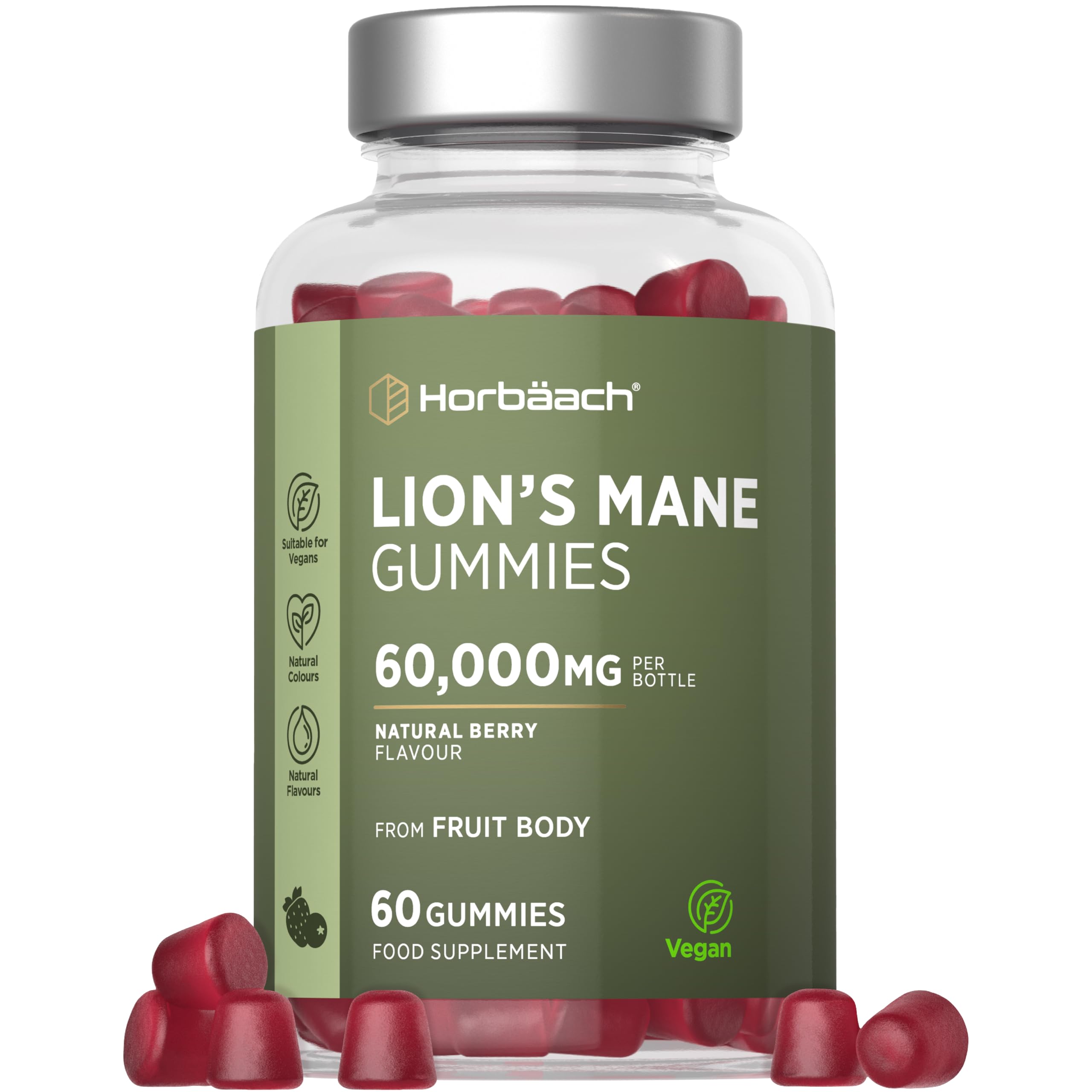 Lions Mane Gummies 60,000mg per Bottle | High Strength Lions Mane Supplement | Mushroom Extract | Natural Berry Flavour | 60 Vegan Gummies | by Horbaach