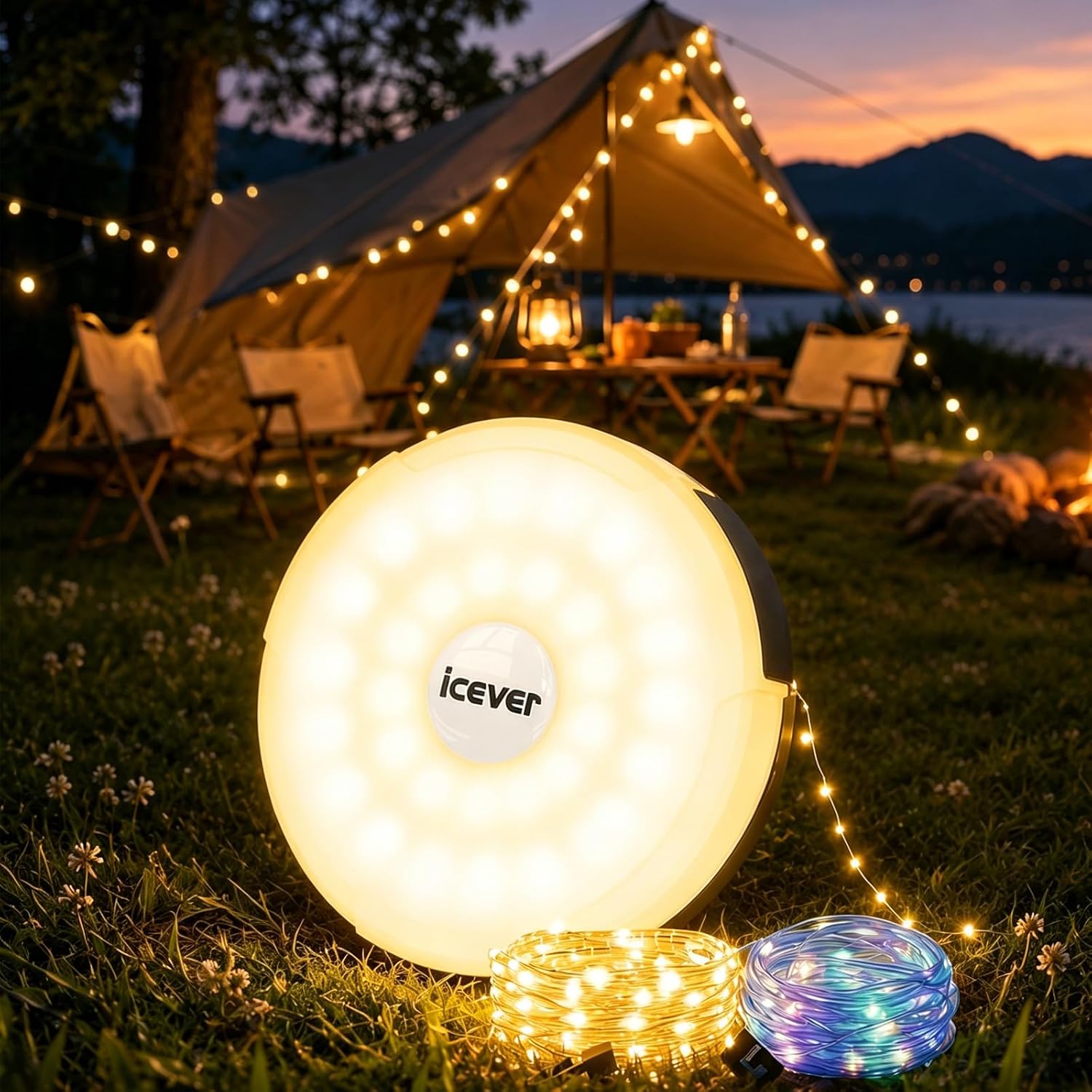 Camping String Lights 4 in 1, 32.8FT Rechargeable Hanging LED Light | Portable Waterproof LED Lamp for Outdoor Camping Awning Tent Garden Party Yard Festival Decor (10 Lighting Modes)