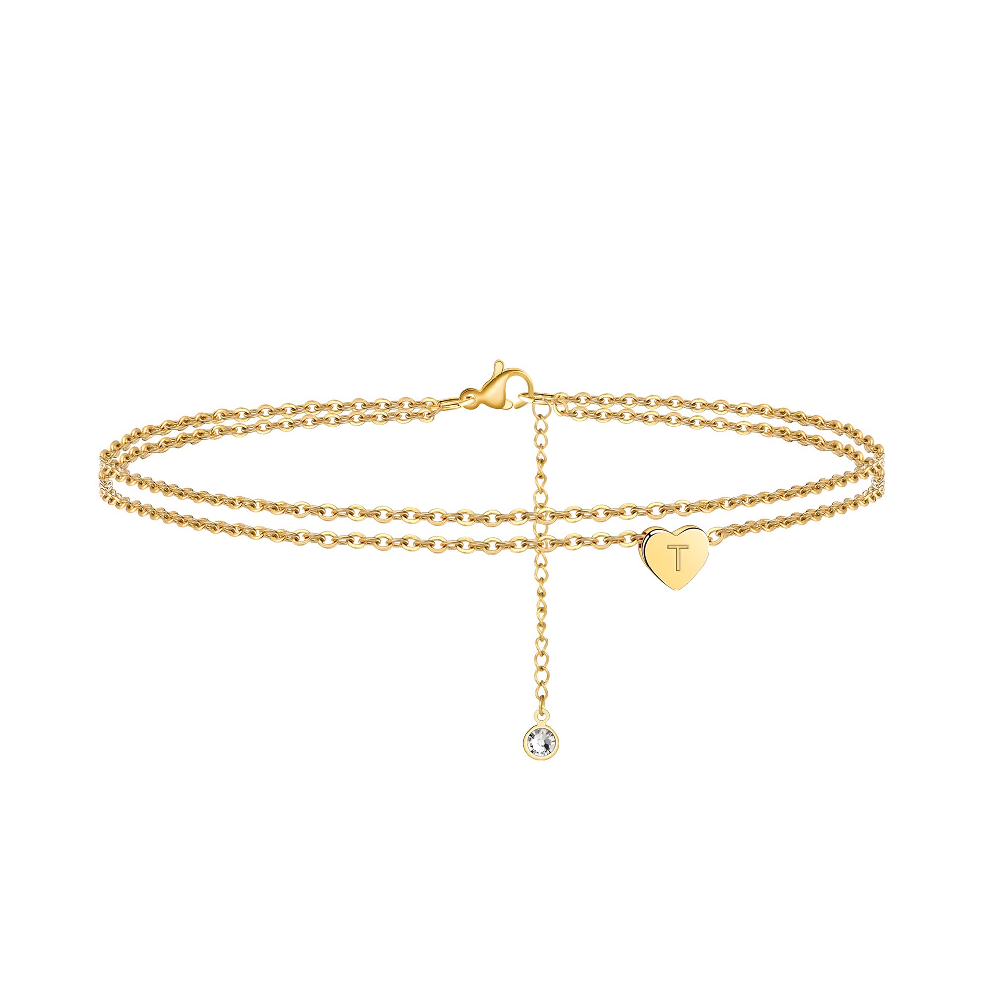 UrsteelAnkle Bracelets for Women, 14K Gold Plated Dainty Layered Heart Initial Anklets for Women Gifts