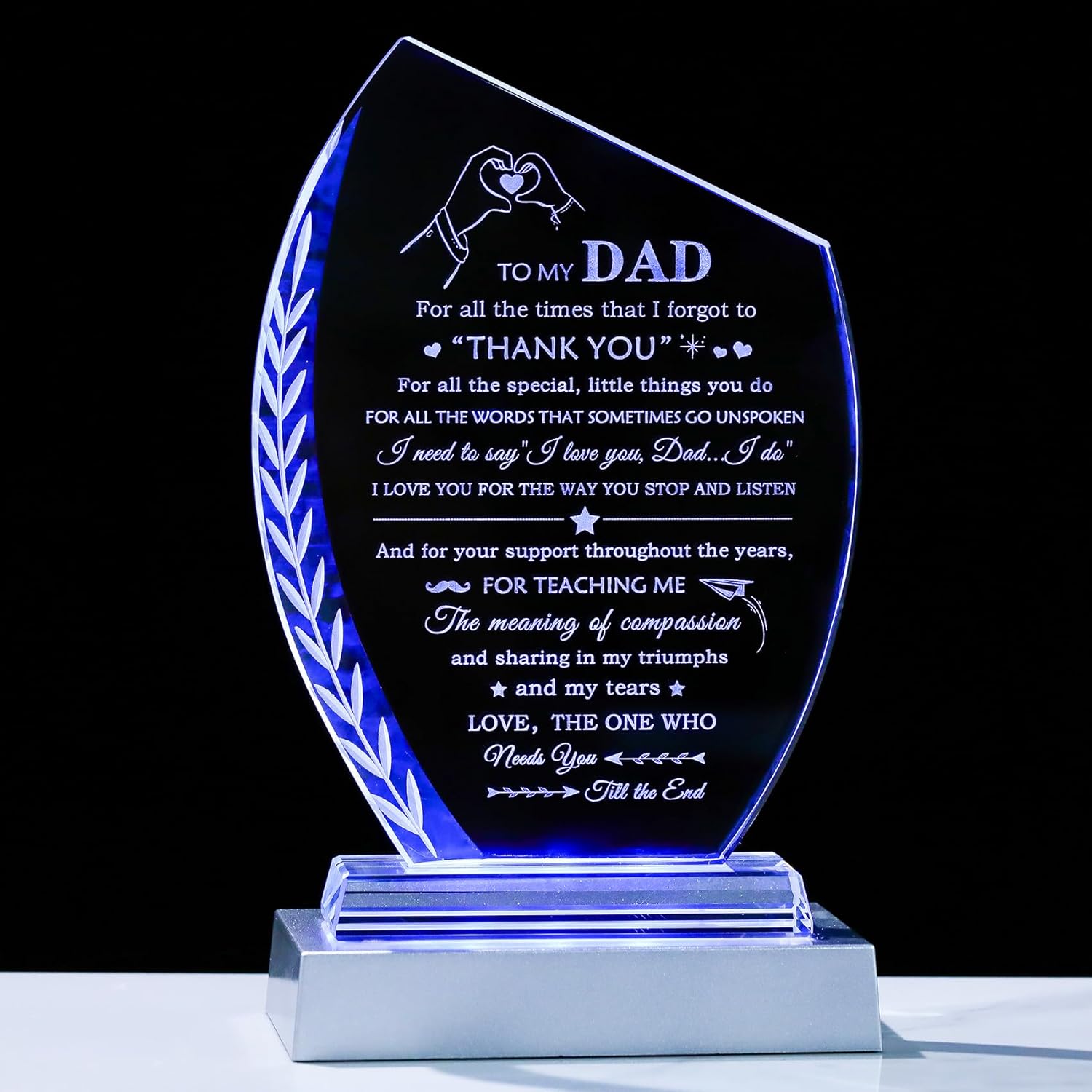 Best Birthday Gifts for Dad from Daughter Son Unique Glass Plaque with Colorful Led Base, To My Dad Meaningful Present for Christmas Thanksgiving Valentines Day Fathers Day