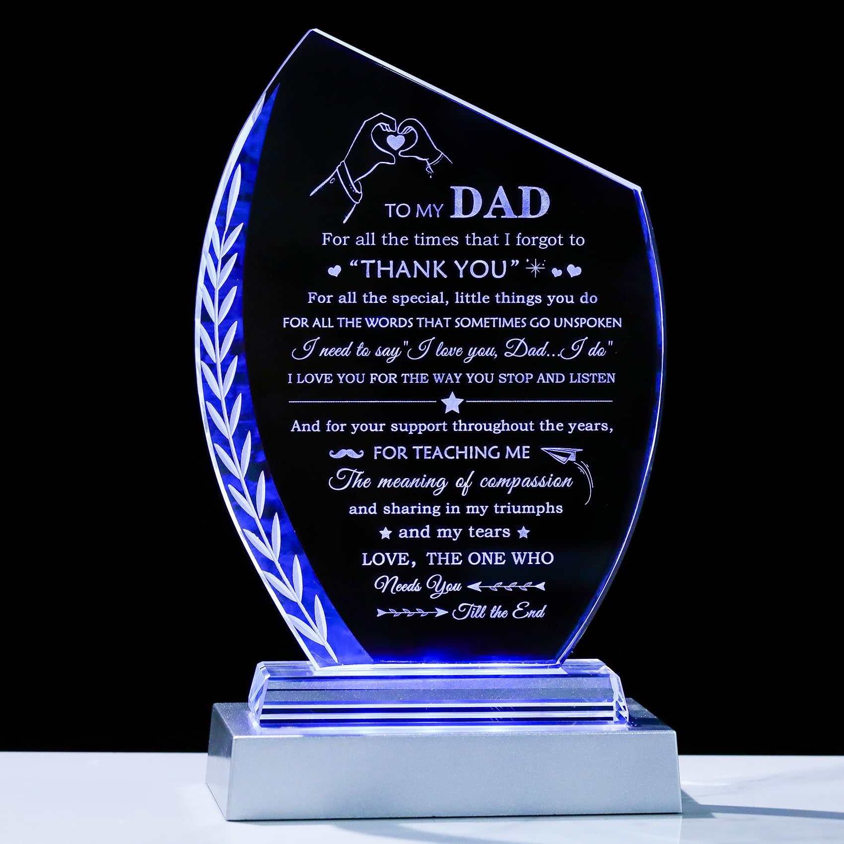 Movdyka - Targa in vetro per la festa del papà, regalo di compleanno per papà da figlia e figlio, unica con base a LED colorata, regalo significativo per Natale, Ringraziamento, San Valentino