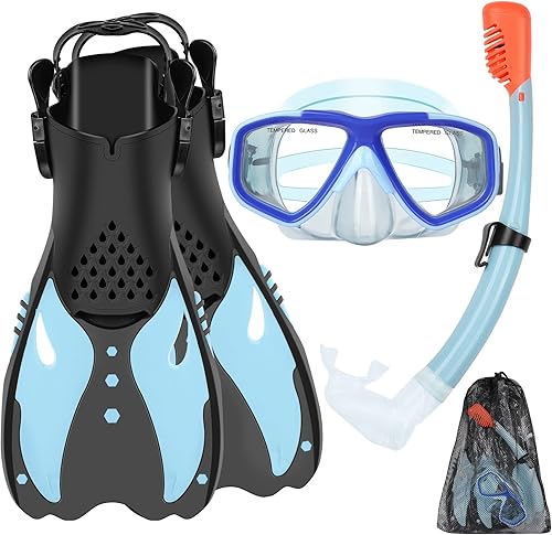 KUYOU Youth Snorkel Set for Ages 7-16 - Anti-Fog Mask, Full Dry Top Snorkel, Adjustable Fins - Premium Quality, Comfortable and Durable Set for Teen