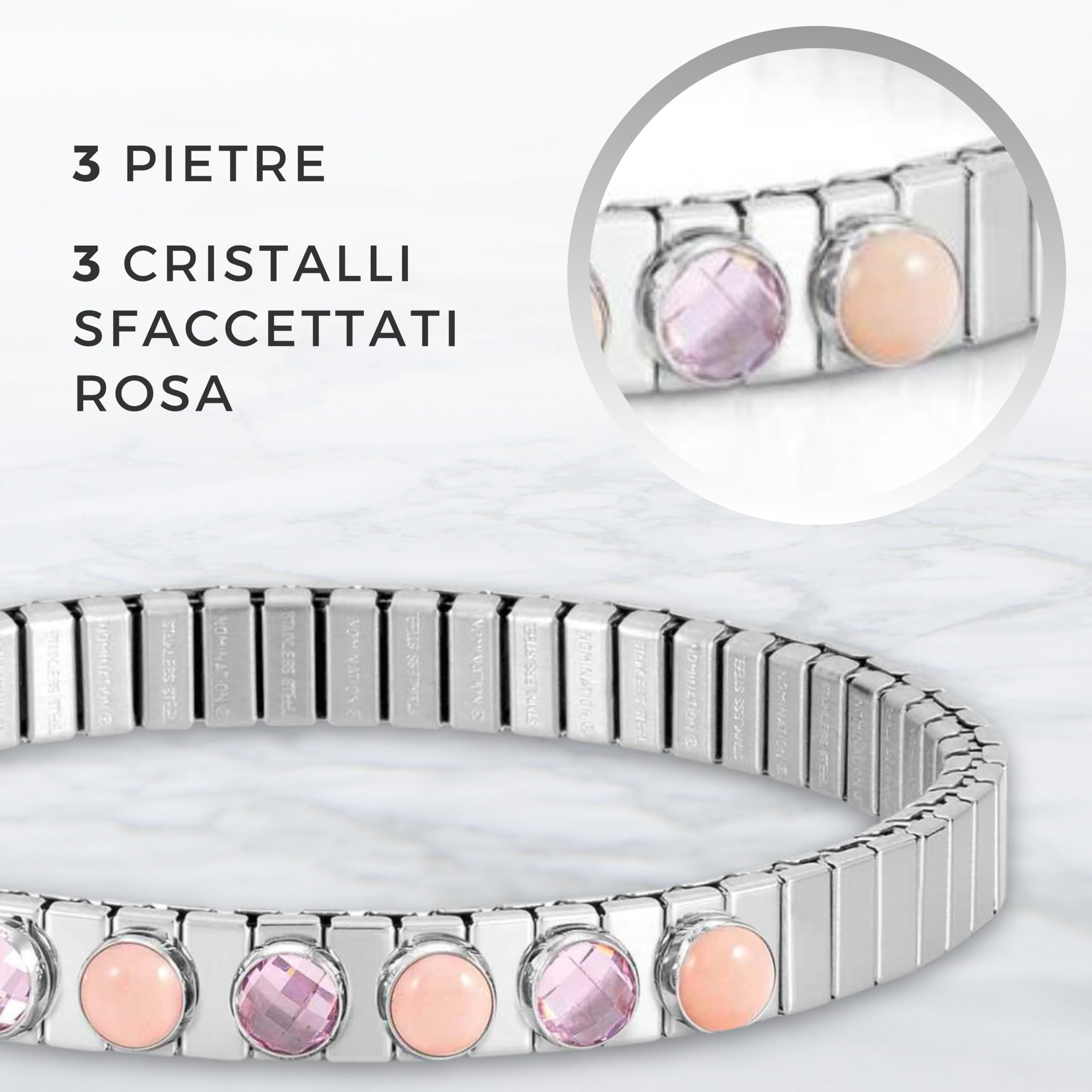 Nomination | Bracciale Donna in Acciaio con 3 Pietre e 3 Cristalli Sfaccettati – Bracciale Elegante Realizzato in Italia - Misura Estendibile 18/19 cm