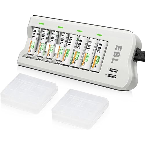 EBL Battery Charger with AA AAA Batteries - 8Bay Battery Charger and 4pcs AA Rechargeable Batteries 2800mAh & 4pcs AAA Battery NiMh Battery