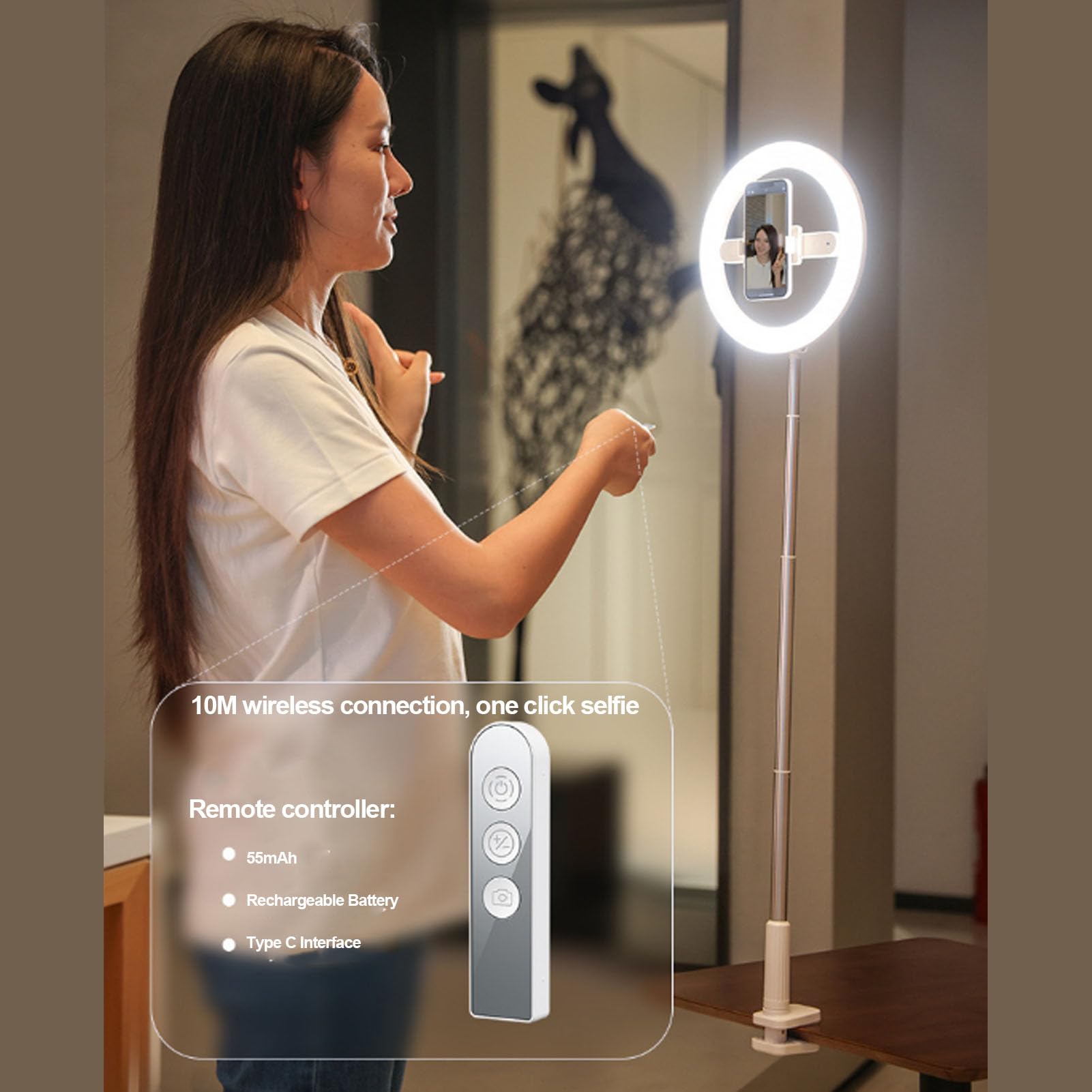 Fockety Anello Luminoso per Selfie, Anello Luminoso Pieghevole con Supporto per Telefono, Lampada Circolare a LED Dimmerabile con 3 Temperature di Colore e 5 luminosità per la