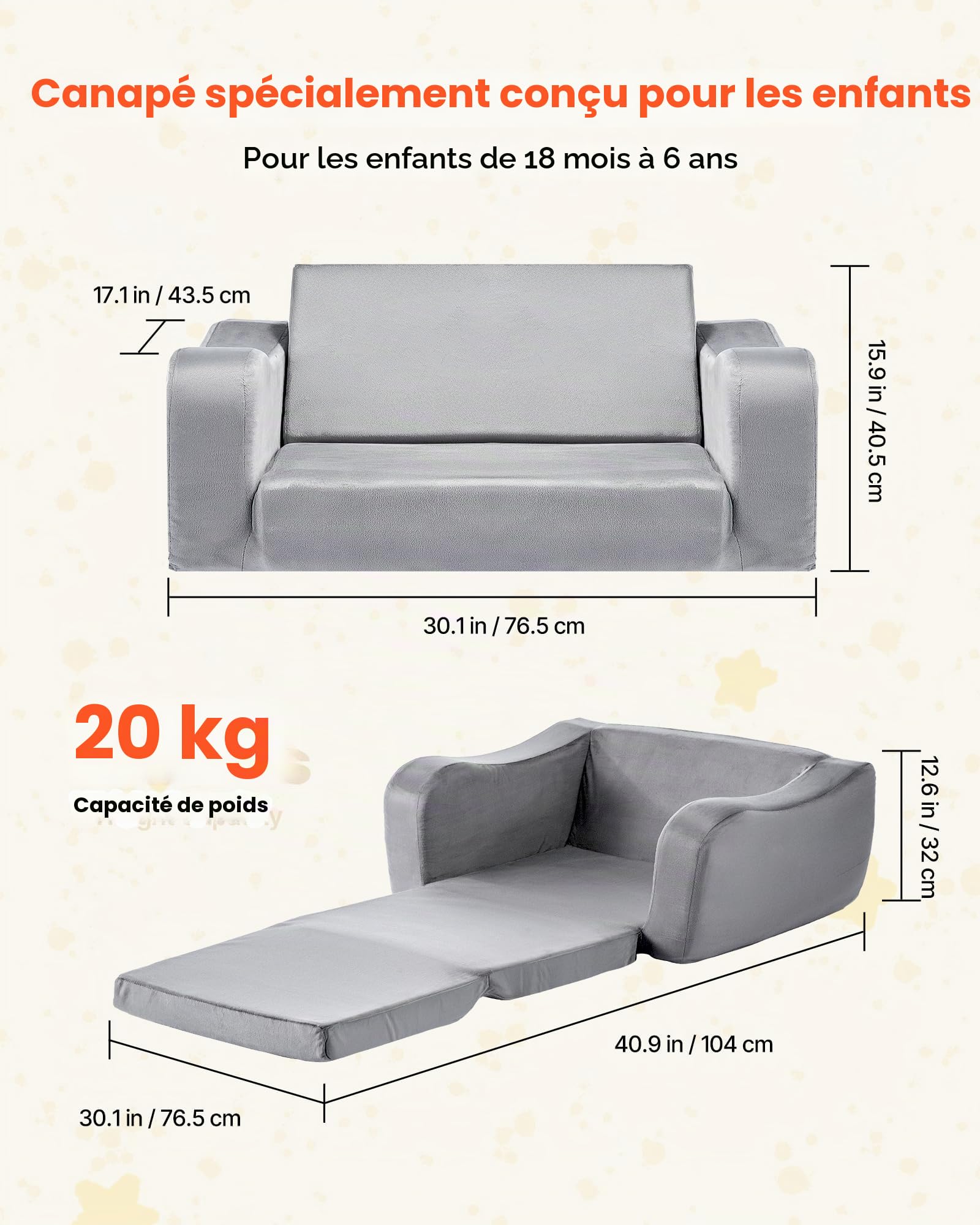 VEVOR Canapé pour Enfants 2-en-1 Convertible en Chaise Longue, Sofa Tout-Petits Pliable et Moelleux, avec Accoudoirs, en Éponge 28D et Poils Courts, pour Salle de Jeux Chambre d’Enfants, Gris, L