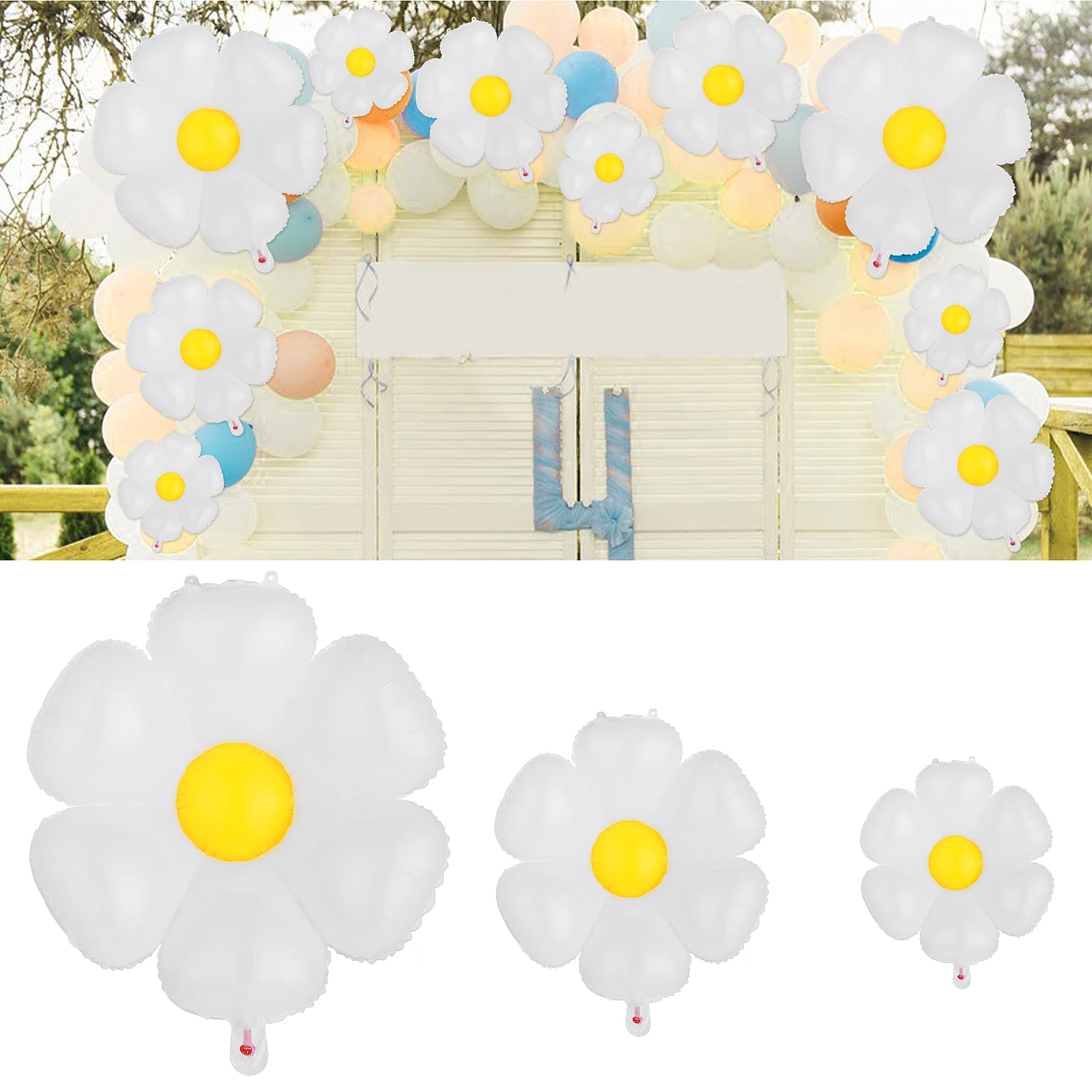 12 Palloncini Foil Margherita - Decorazioni Feste Bianco E Giallo, 3 Misure (50cm, 72cm, 110cm) - Foto 3