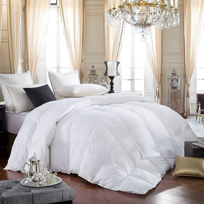 EGYPTIAN BEDDING 600-Thread-Count Egyptian Cotton Siberian Goose Down Comforter, 70 oz. Fill Weight, Solid White (King Size)