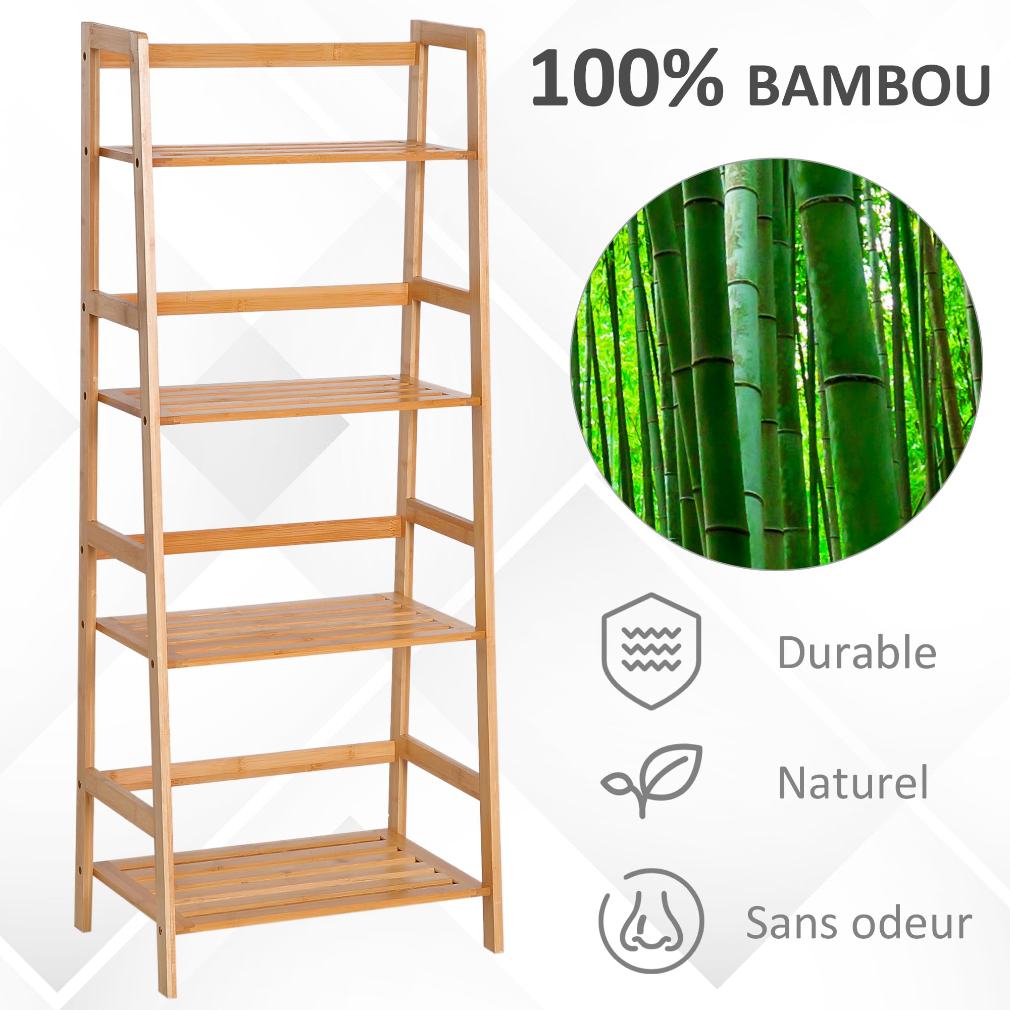 HOMCOM Bibliothèque étagère en Bambou à 4 Niveaux, présentoir de Plantes au Sol, étagère échelle pour Salon, Cuisine, Salle de Bain, Bureau, 48 x 31,5 x 120 cm, Bois Naturel