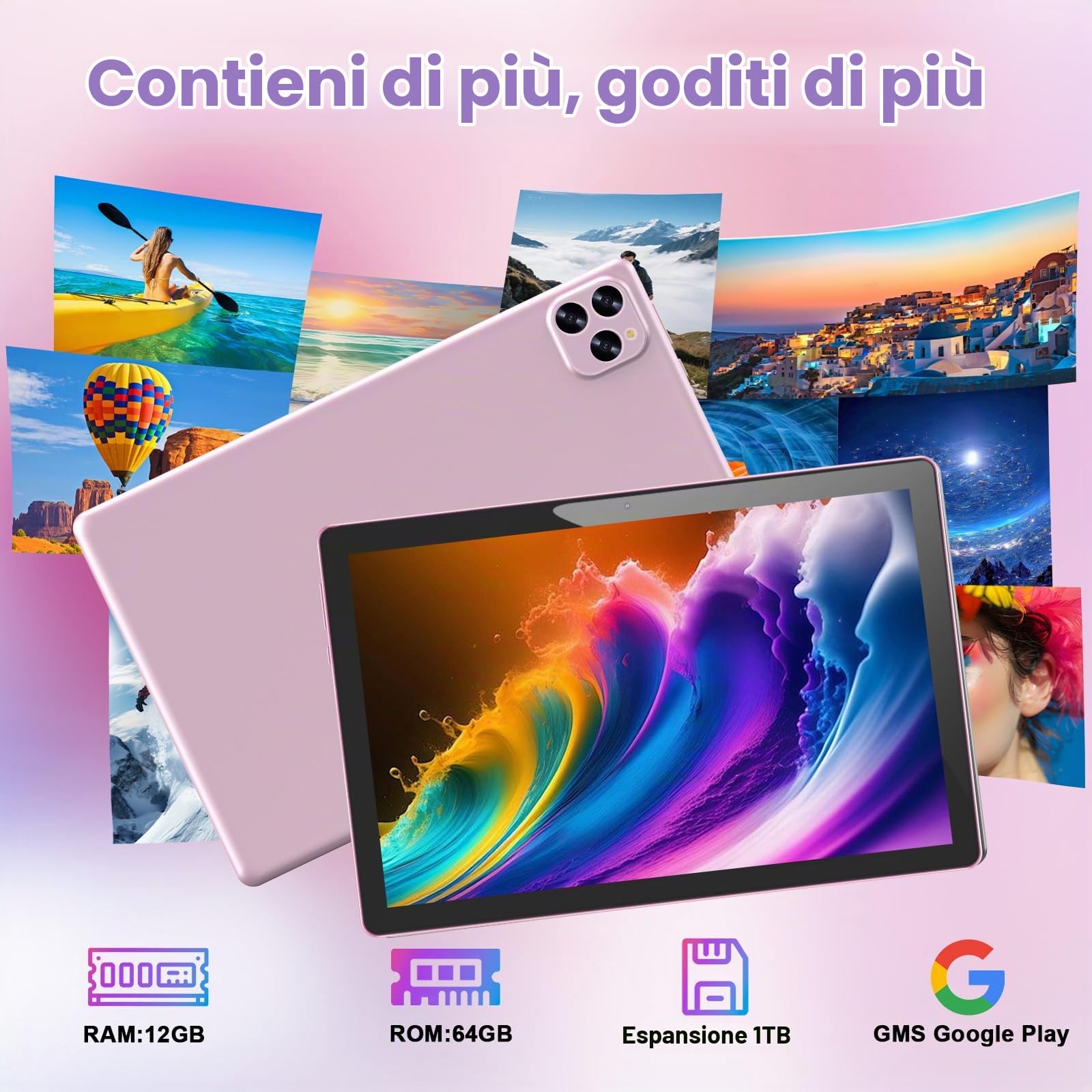 Tablet Android 15, 10 pollici 12 GB RAM+64 GB ROM/2 TB tablet espandibile, 1280 * 800 HD touch screen, 5G WiFi6 BT 5.0, tablet 2 in 1 con custodia per tastiera mouse stilo rosa