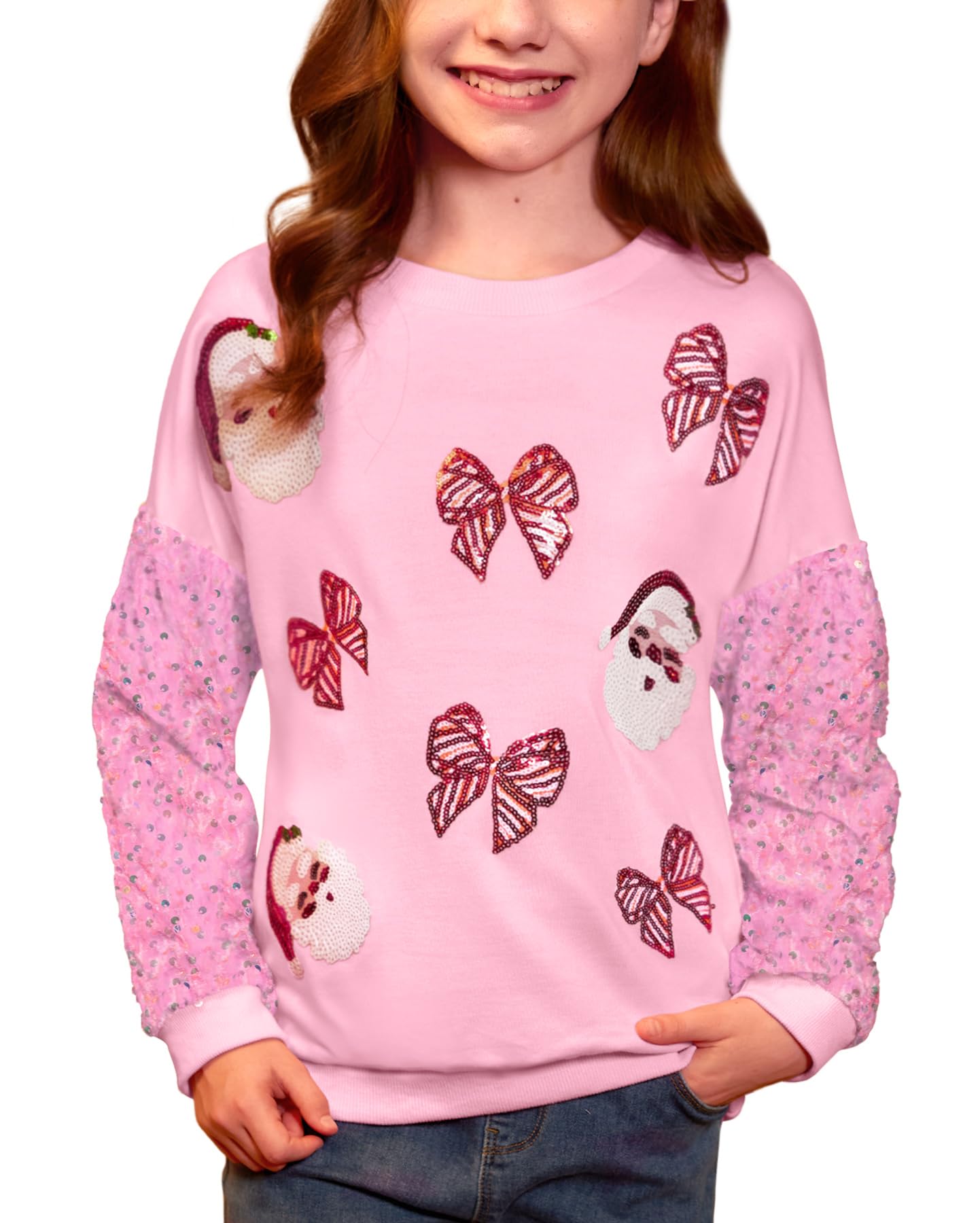 Girls Christmas Sequin Patchwork Sweatshirt Holiday Funny Shirt 6-14 Years