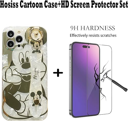 Miniatura 2 de Funda de dibujos animados para iPhone 15 Pro Max de 6.7 pulgadas con protector de pantalla HD, Mickey Mouse con correa para la muñeca, correa de