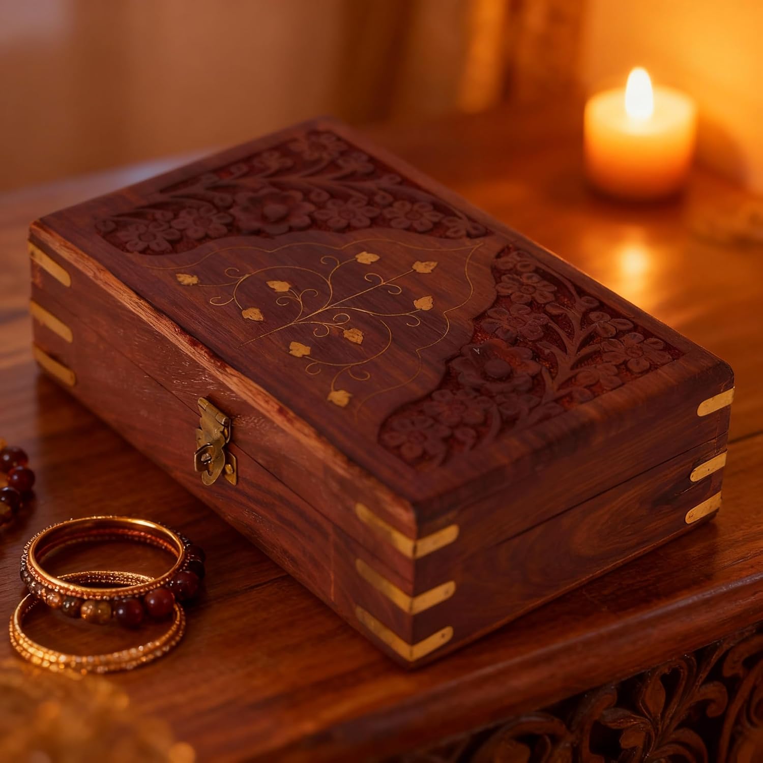 GURU JEE™ Indian Jewelry Holder Floral Carving Wooden Jewellery Box With Brass Inlay Wooden Trinket Box Wood Jewelry Organizer Keepsake Box Treasure Chest Trinket Holder Watch Box Storage Box