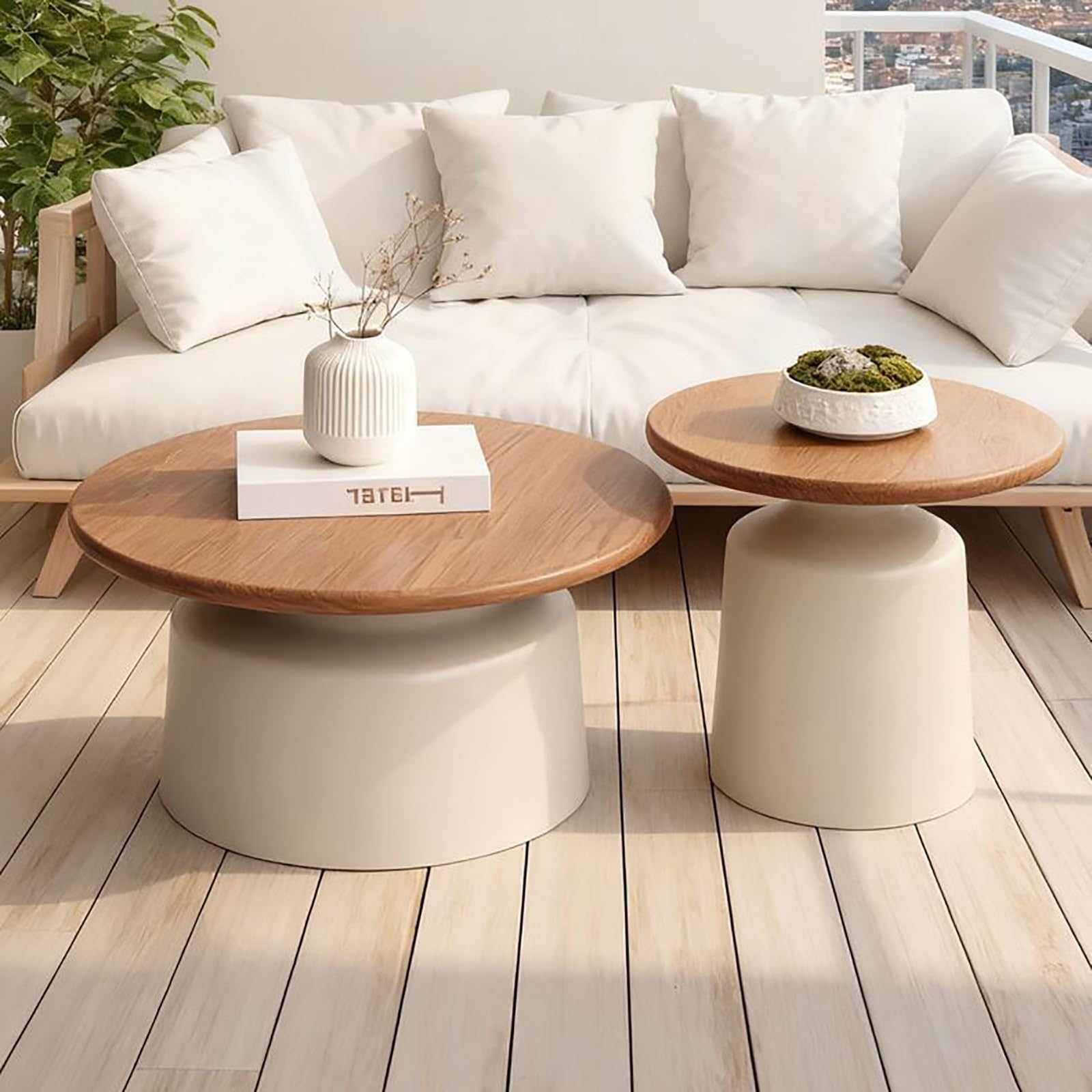 Moderna Redonda Mesa De Centro, Mesa Nido Juego De 2, Mesita Auxiliar con Tablero de Madera Maciza, Mesas Centro para Salón Dormitorio Oficina, Fácil De Montar