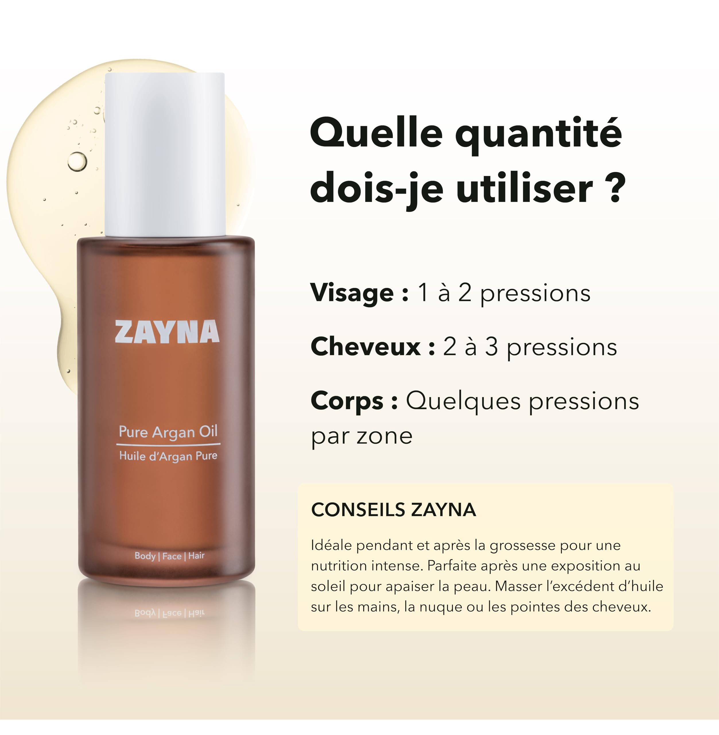 ZAYNA Huile d’Argan Pure et Bio 100 ml | pour cheveux, visage & corps | huile d’argan 100% pure pressée à froid du Maroc | testée dermatologiquement, riche en vitamine E | Conditionnée en Suisse.