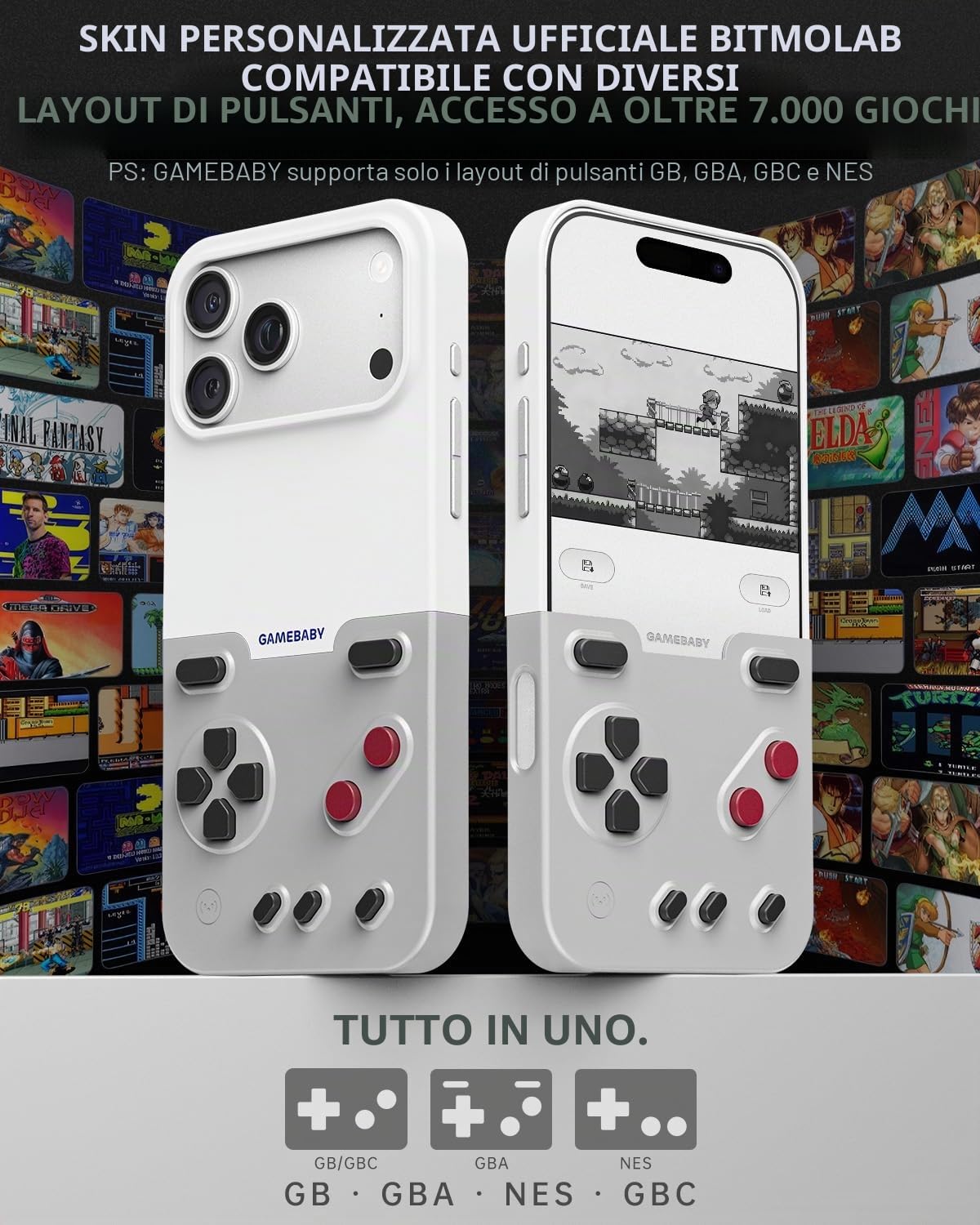 GAMEBABY Cover per iPhone 17 Pro Max, iPhone 17 Pro Max Case Game Controller, Innovativa Custodia per iPhone 17 Pro Max per GBA, GBC, NES Giochi Retrò, Grigio