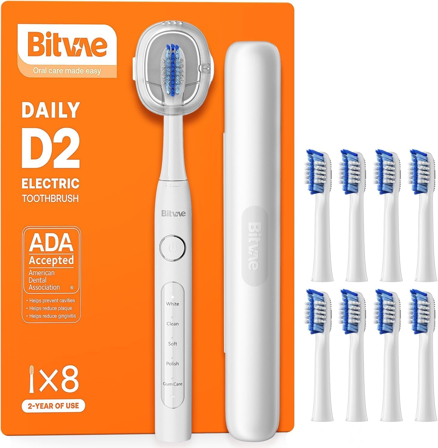 Bitvae Ultrasonic Electric Toothbrush for Adults and Kids, ADA Accepted Travel Toothbrush with Rechargeable 60-Day Battery Life, 5 Modes, 8 Heads, Case, Holder, Frost White