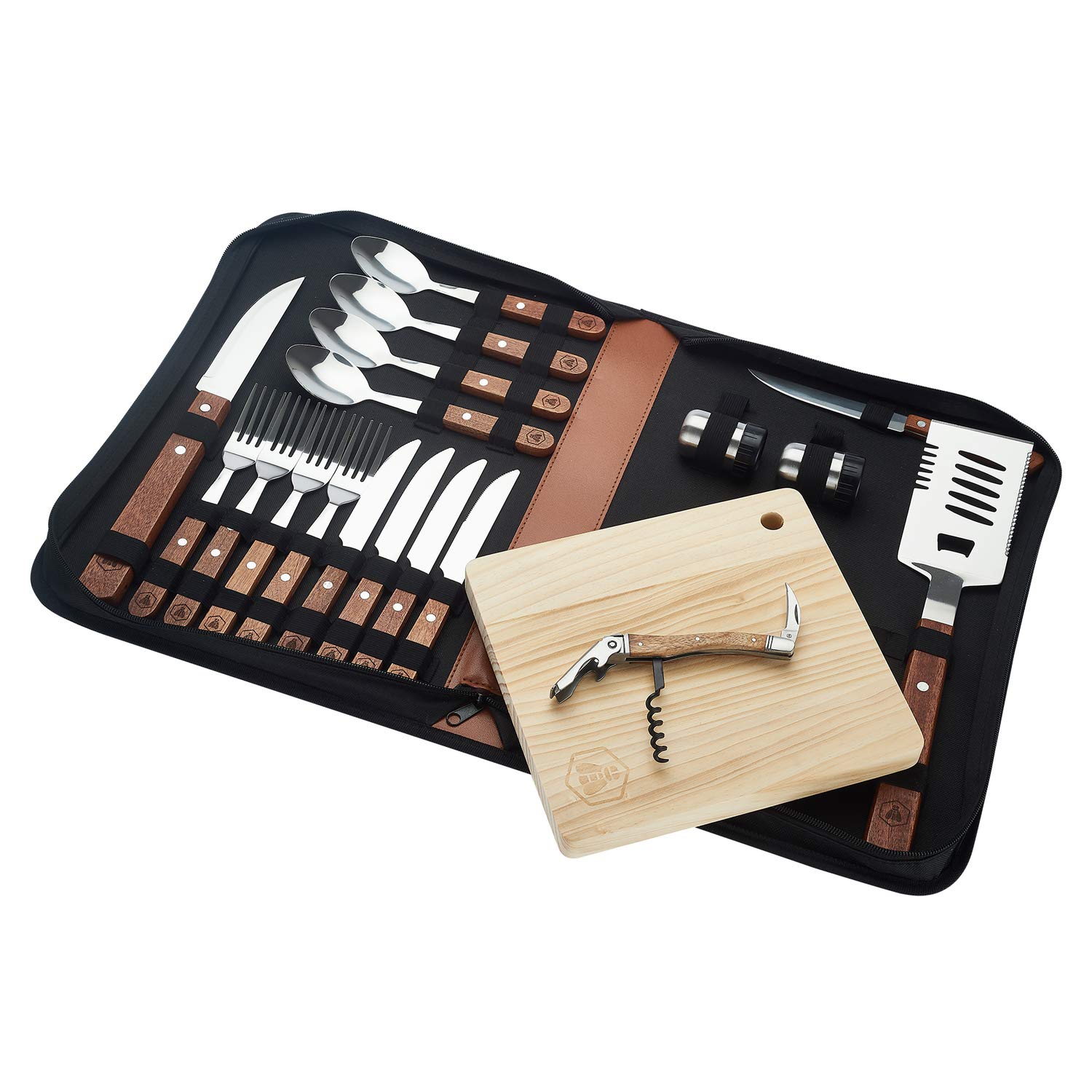 LAGUIOLE Set Completo da Picnic 18 Pezzi Coltelli Forchette Cavatappi Maniglie in Legno di Pino