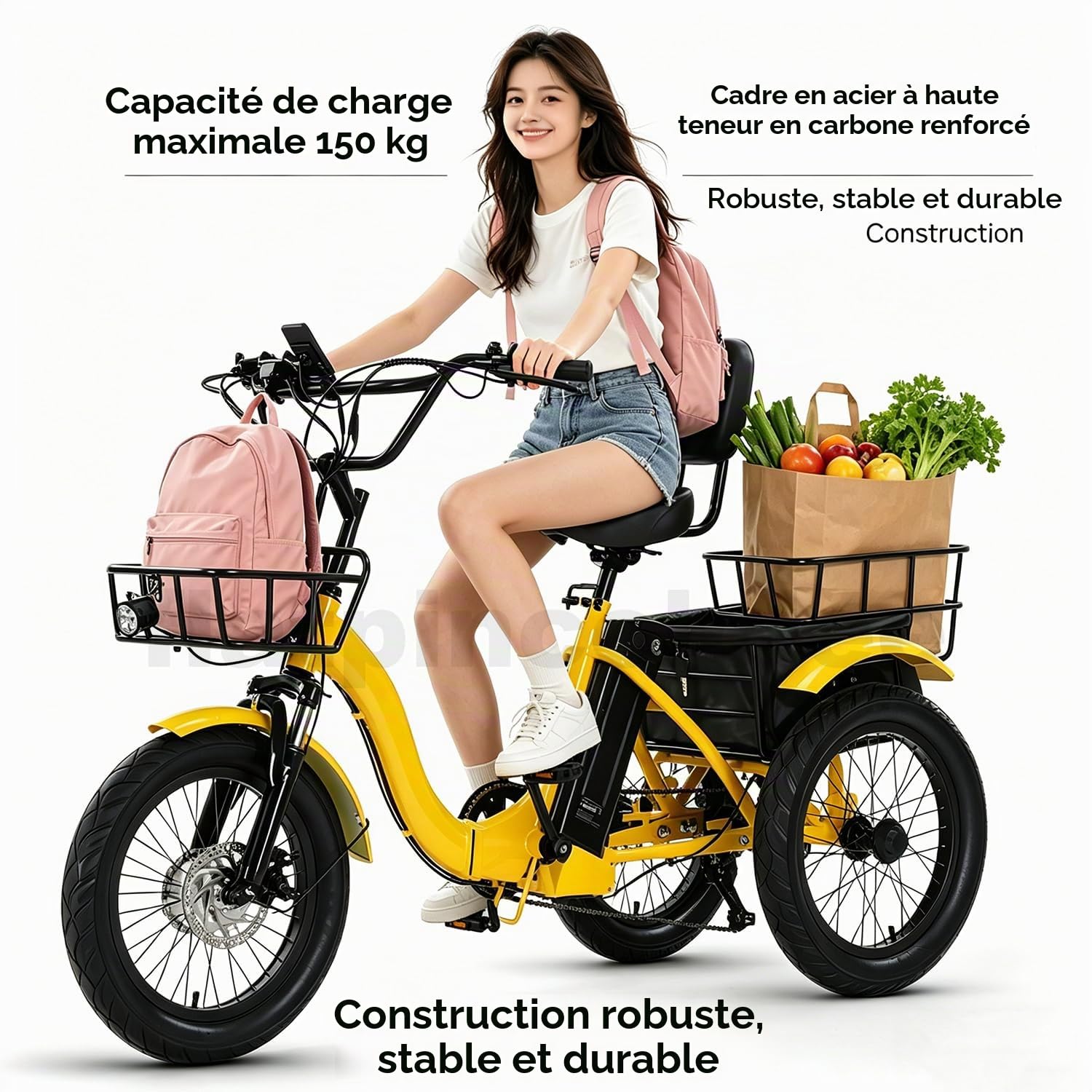 Tricycle Électrique Adulte Pliable 18", Vélo Électrique 3 Roues Stable, 3 Modes Conduite, Pneus Larges 18×3.0, Panier Avant Arrière, Charge Max 150kg, Idéal Courses, Ville, Seniors Mobilité Yellow
