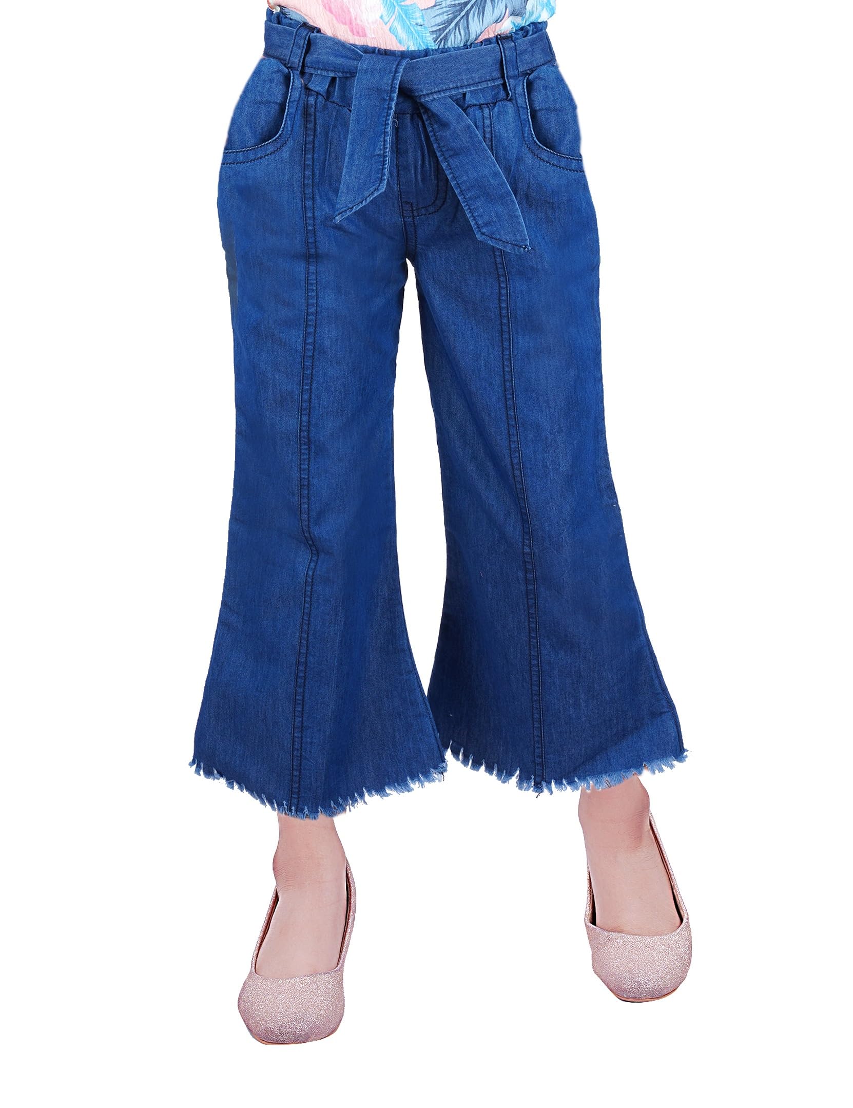 BENKILS Palazzo de mezclilla para niñas con cinturón | Ropa inferior de ajuste regular | Pantalones Palazzo relajados