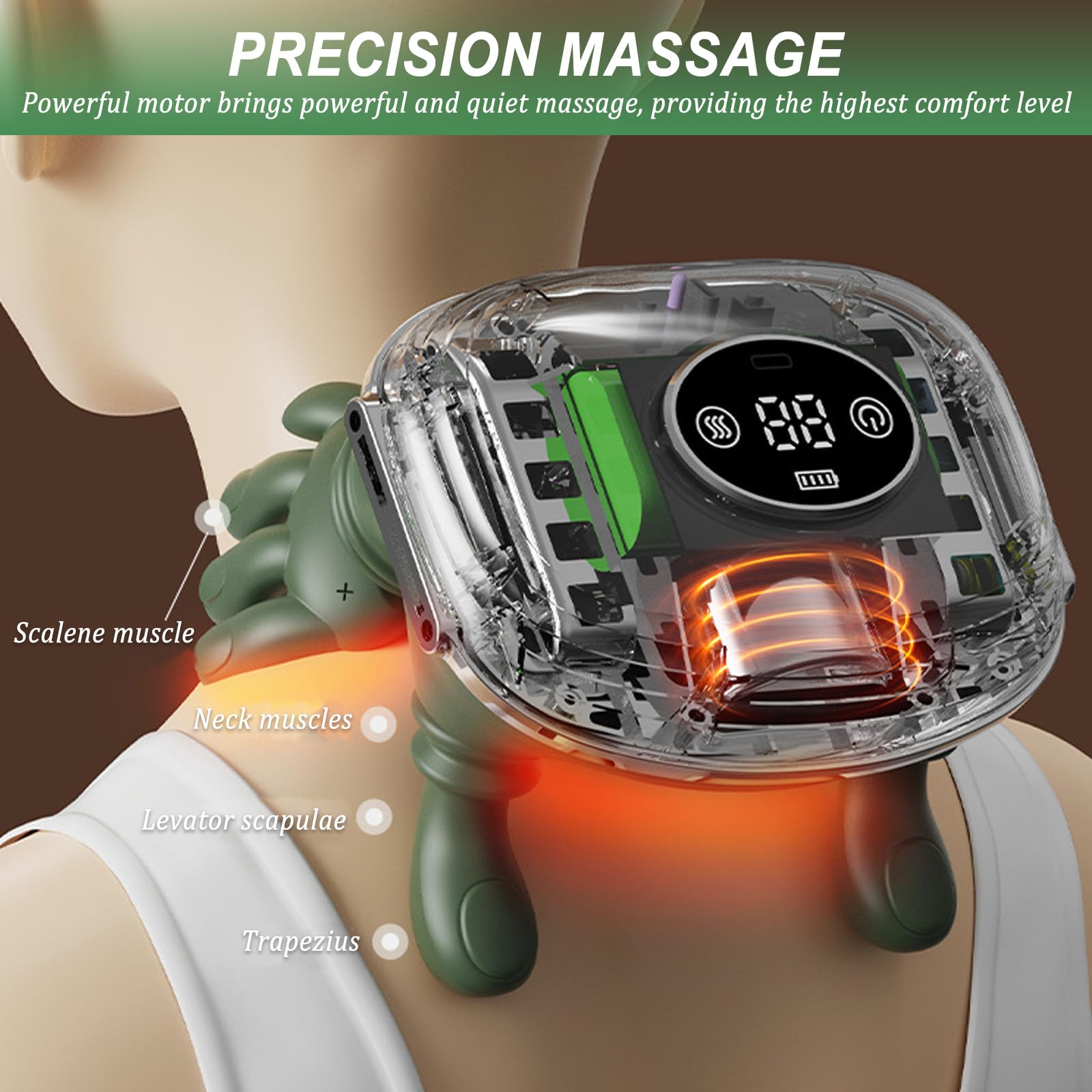 Masajeador de Cuello 4D Inalambrico, Masajeador Cervical y Espalda con Calor, Masajeador Cuello Eléctrico a Mano Biónica con 3 Niveles de Intensidad, para Relajar Músculos, Verde