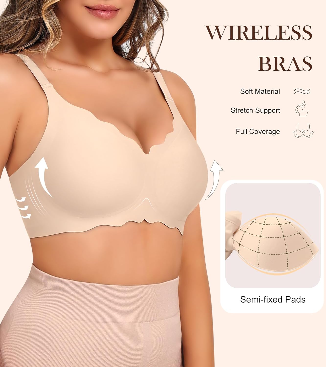 Wireless Bras for Women, Seamless Scalloped V-Neck Push Up Full Coverage Bra, Comfort Everyday Sport Bralette - Image 3