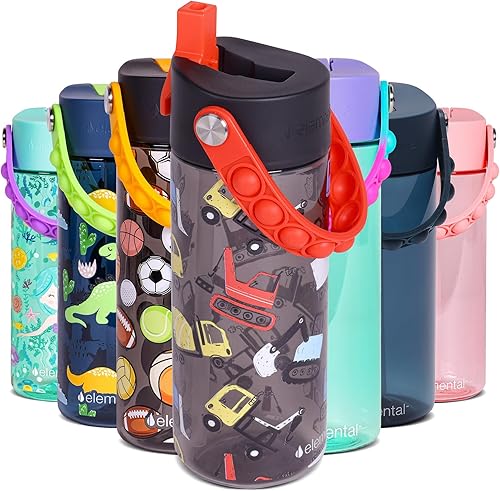 Elemental Splash - Botella de agua para niños con tapa de popote y asa de reventar, a prueba de fugas cuando está cerrada, botella de agua de