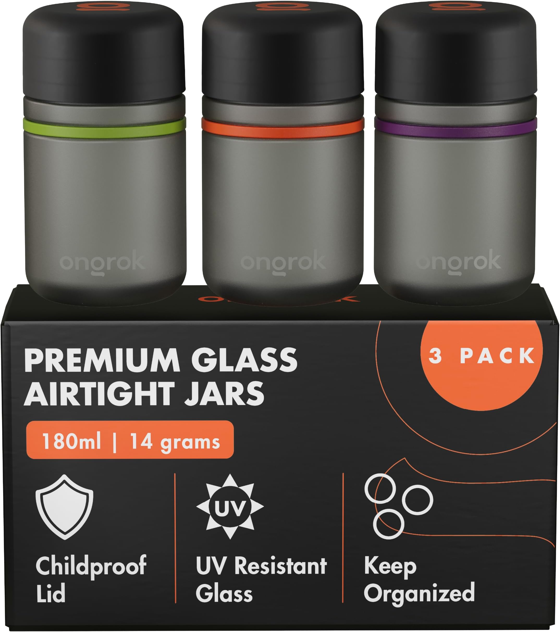 ONGROK Glass Storage Jar, 180ml, 3 Pack | UV Herb/Spice Jar with Child‑Resistant Lid, Color‑Coded Glass Containers to Preserve Smell and Aroma