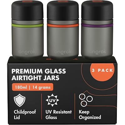 ONGROK Glass Storage Jar, 180ml, 3 Pack | UV Herb/Spice Jar with Child‑Resistant Lid, Color‑Coded Glass Containers to Preserve Smell and Aroma