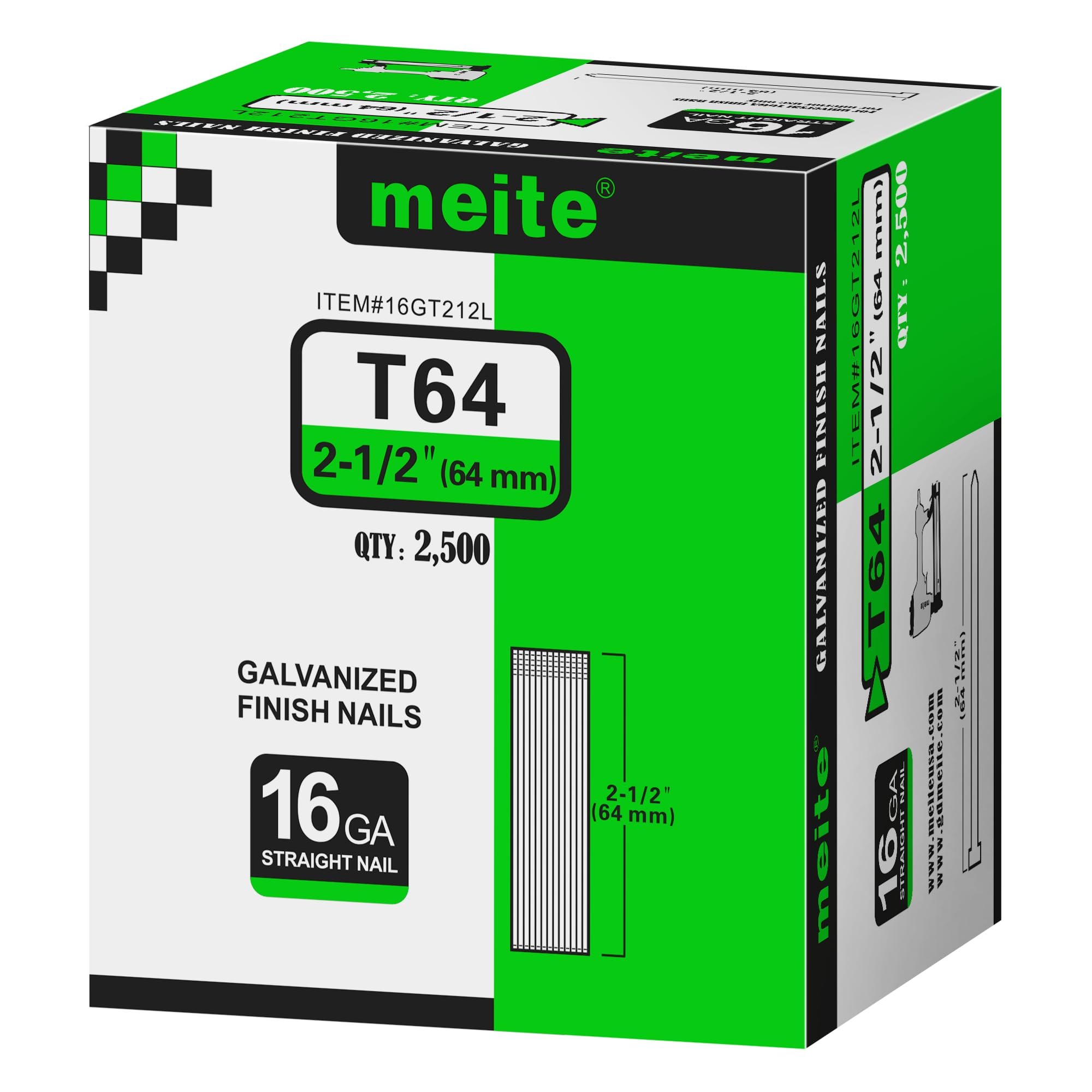 meite T64 16 Gauge Finish Nails, 64 mm Length Galvanised 16G Brad Nails for Nail Guns - Ideal for Woodworking, Upholstery, and Framing Projects (1 Case - 8 Boxes)