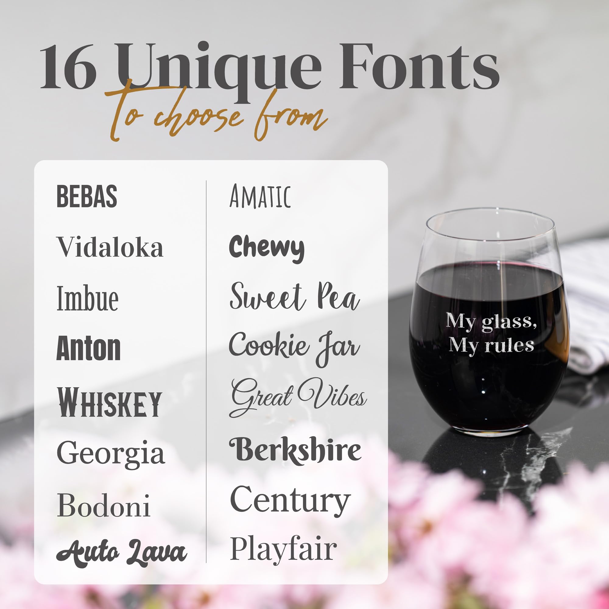 Personalized Gifts for Women or Men, Stemless Wine Glasses 15oz, Permanently Engraved with Custom Text, Your Unique Gift for Birthday Wedding