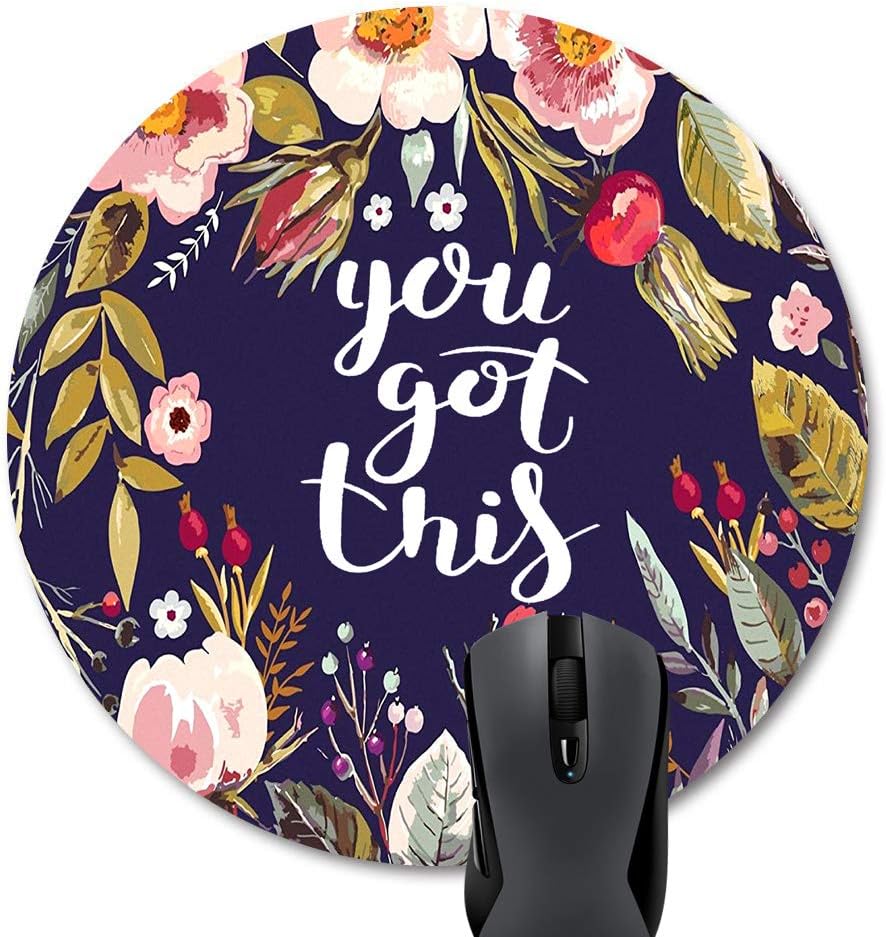 Wknoon You Got This Quote Cute Round Mouse Pad, Vintage Colored Floral Wreath Motivational Inspirational Quotes Navy Blue Funny Circular Mouse Pads