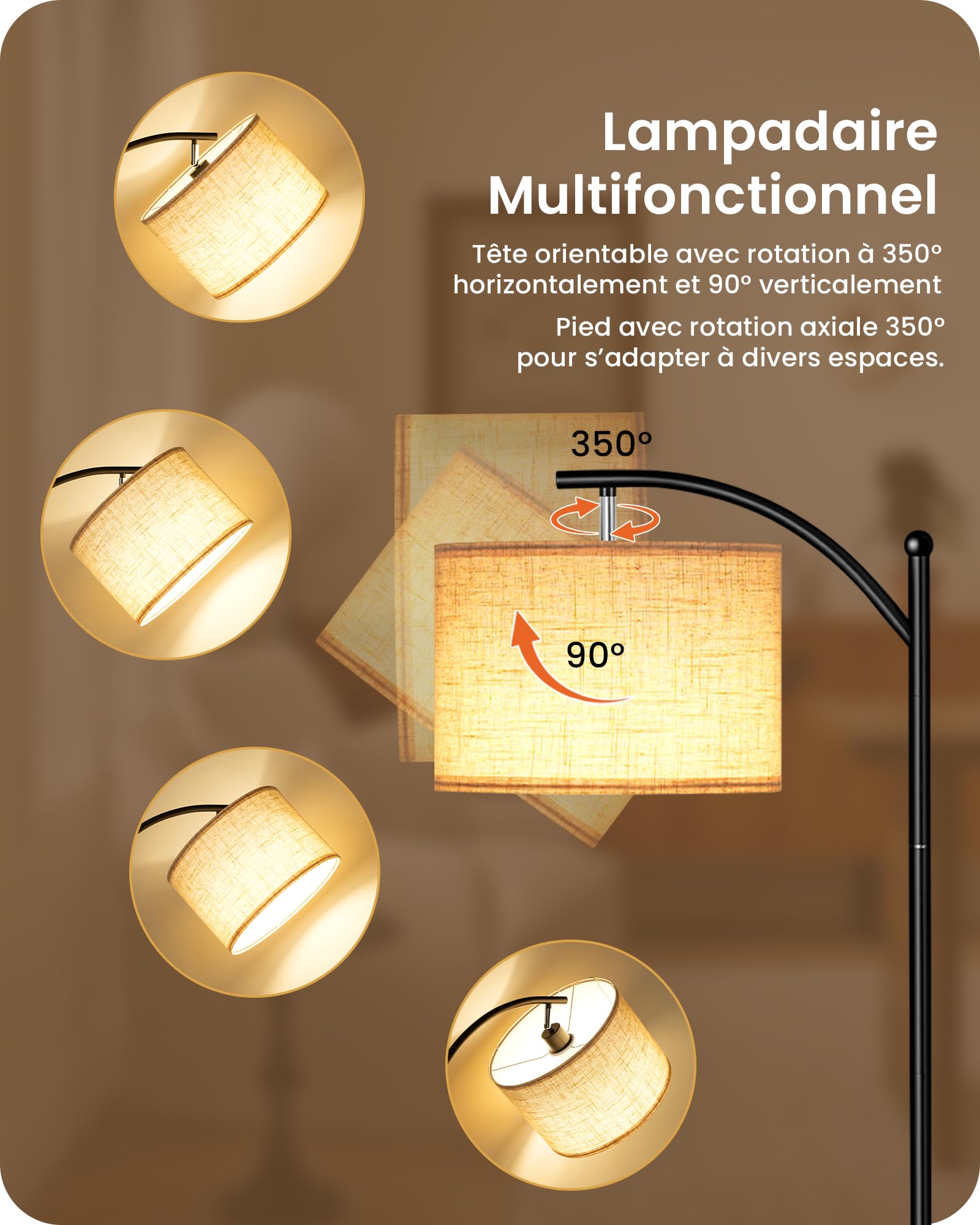Lampadaire avec Table d’Appoint, 3 Températures, Mémoire, Tête Orientable, Abat-Jour en Lin Naturel, Interrupteur au Pied, pour Salon, Chambre, Bureau, Marron Rustique et Beige FE22LDD05