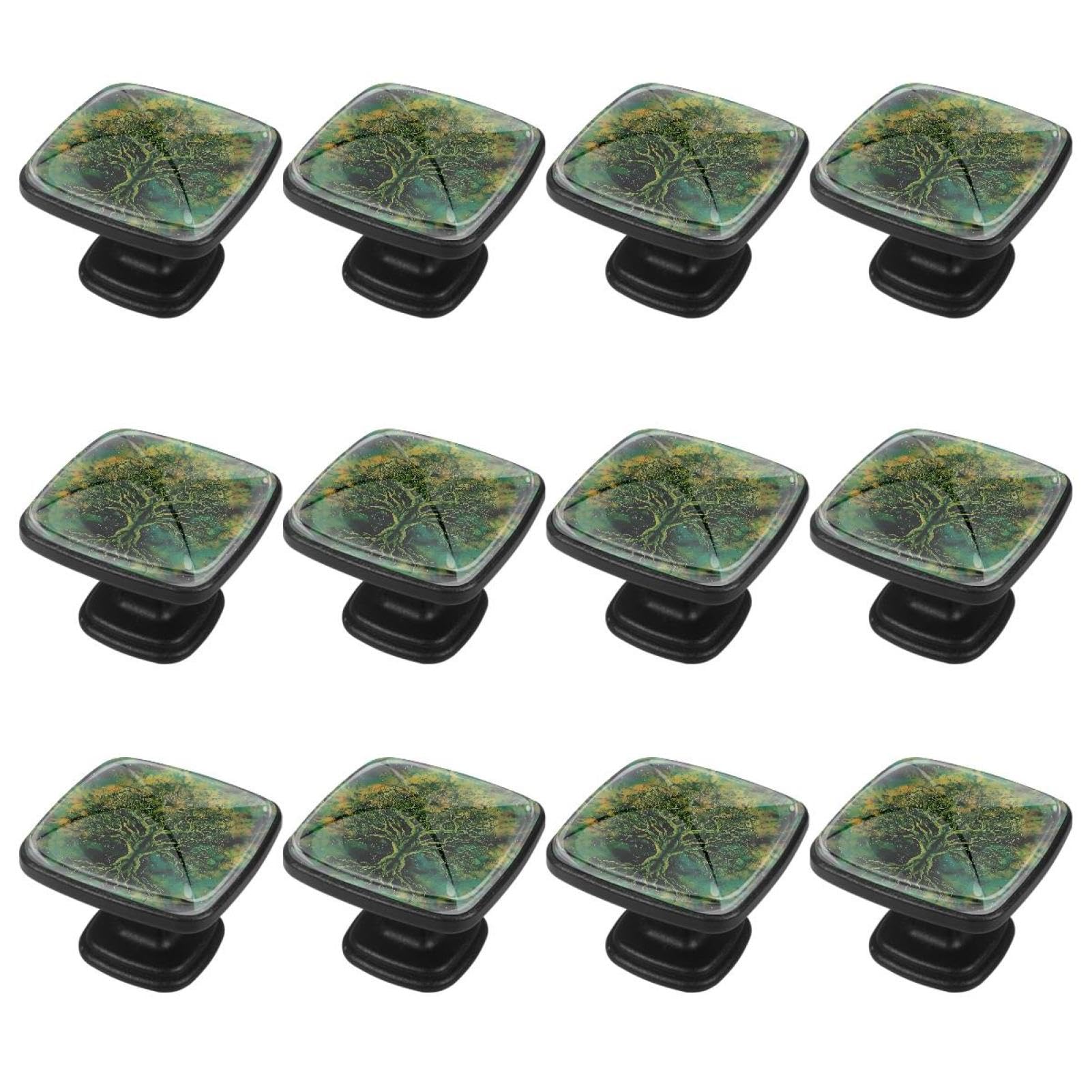 IROLSKDNFH 12 Pieces Green Tree of Life Indian Forest Glass Knobs for Dresser Drawers, 1.37 x 1.10 in Square Kitchen Cabinet Pulls for Home Office Nursery Kids Room