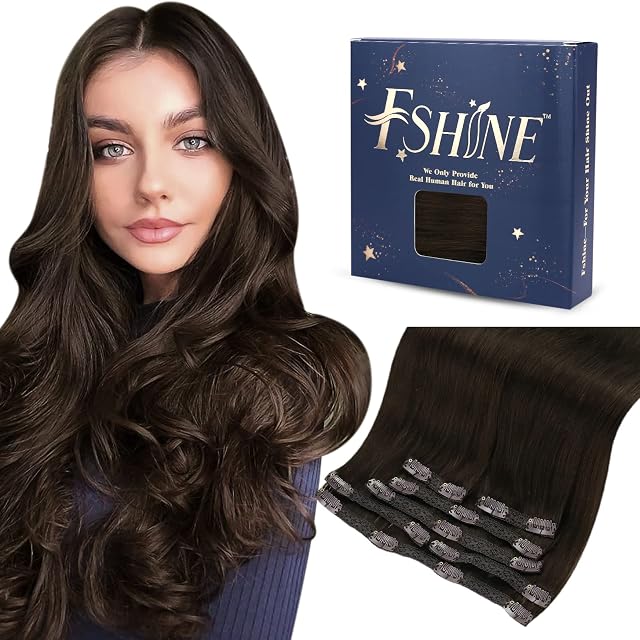Fshine Brown Hair Extension Clips Real Human Hair 14 Inch Remy Natural Clip in Hair Extension 120g Seamless Human Hair Clip in Extensions 7Pcs Dark Brown #2