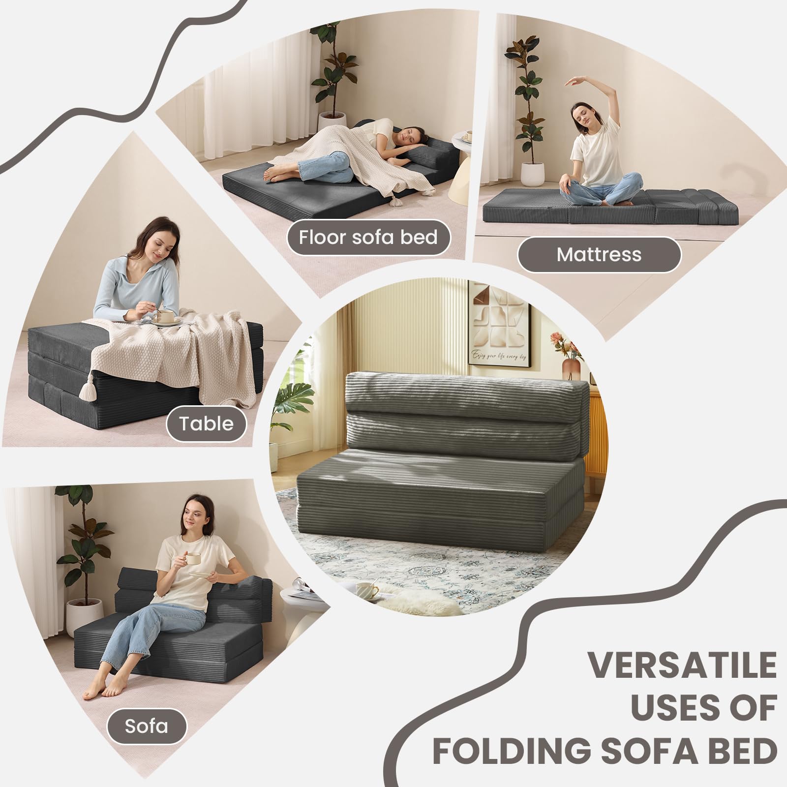 Folding Sofa Bed, Convertible Sleeper Chair with Pilow Foldable Matress, 2 in 1 Pull Out Loveseat Sofa Portable Fold Out Chair Bed Floor Couch Lounge for Living Room Bedroom (Grey, Full)