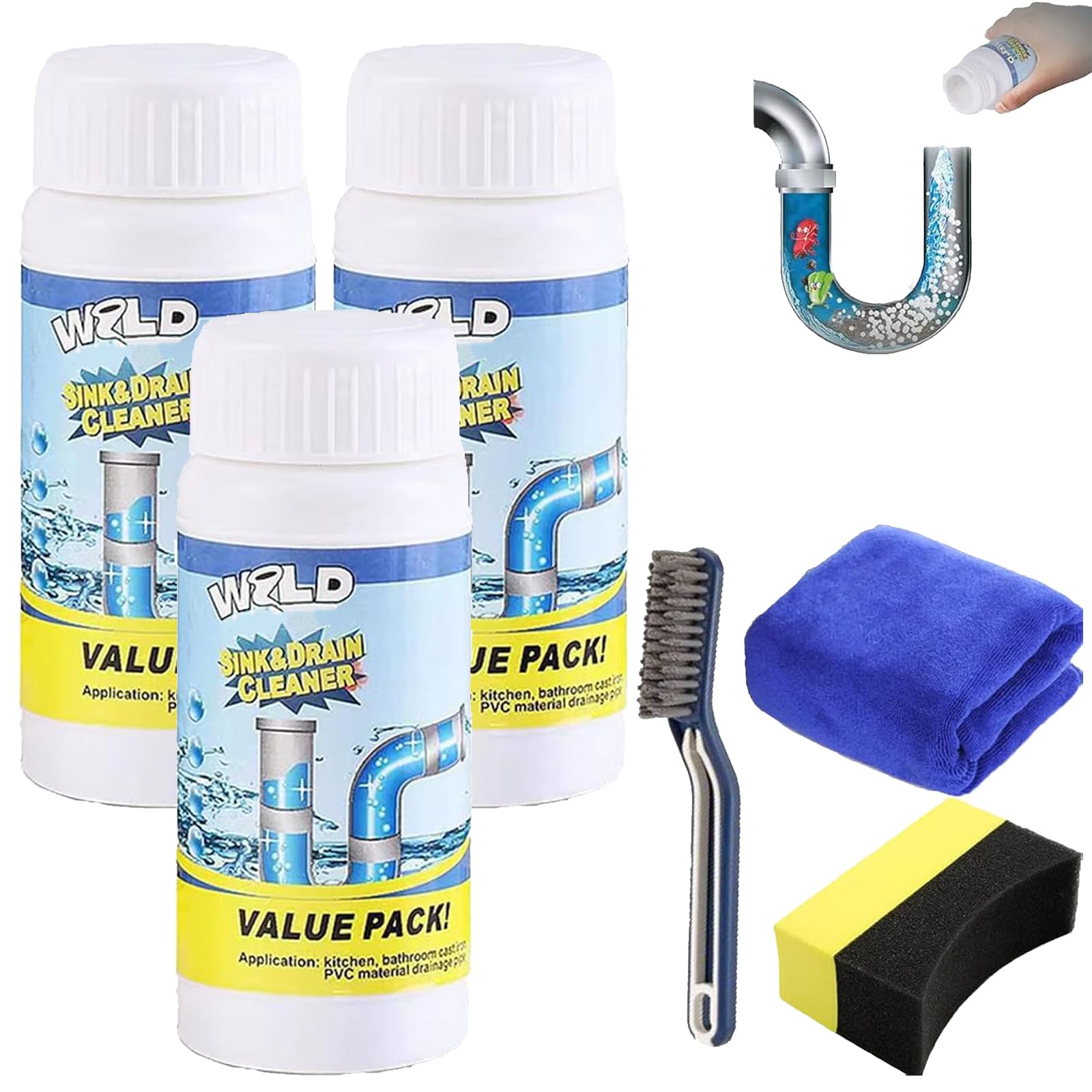 Wild - Detergente per lavelli e scarichi, Wild Powerful S-ink & D-rain, detergente per tubi W-ild, schiuma sbloccante S-ink, per cucina, bagno, WC, doccia, 3 pezzi