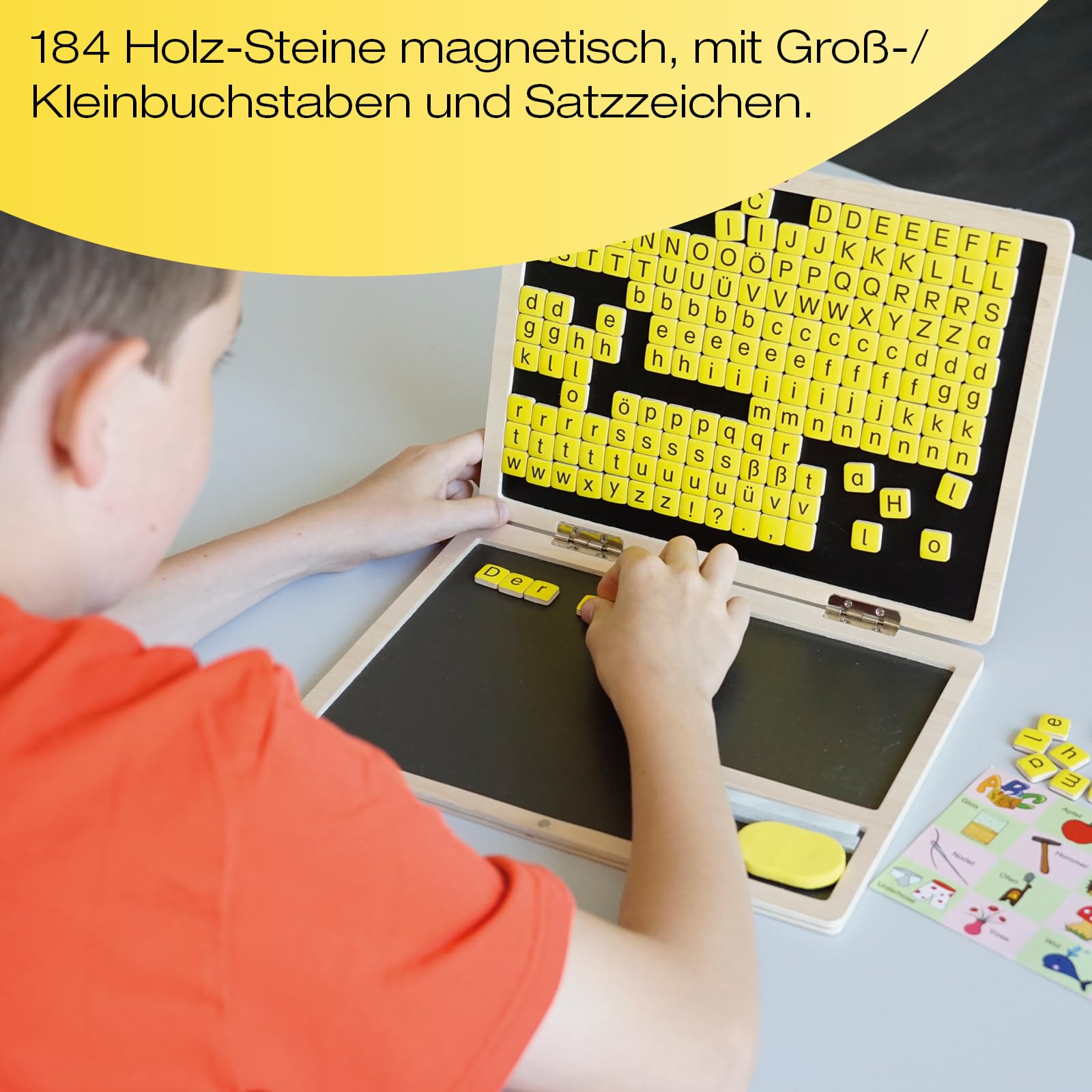 TimeTEX Lese-Klapp-Computer aus Holz, 189-tlg. | ABC Lernspiel, magnetisch mit Tafelfläche & Buchstaben-Steinen | Laptop Spielzeug für Kinder zum Lesen & Schreiben Lernen
