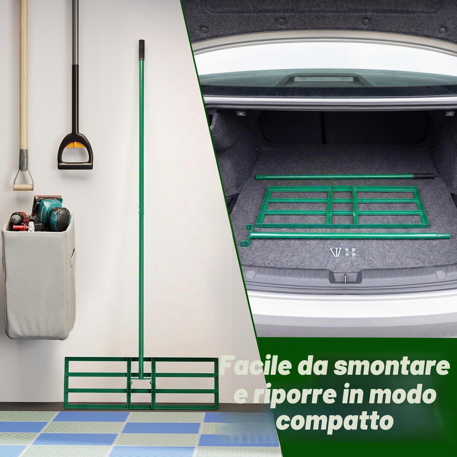 FANTASK Rastrello livellante in metallo, 170 x 75 cm x 25 cm, livellamento rastrello per prato con impugnatura ergonomica, strumento per prato per giardino, cortile, campo da golf (verde)