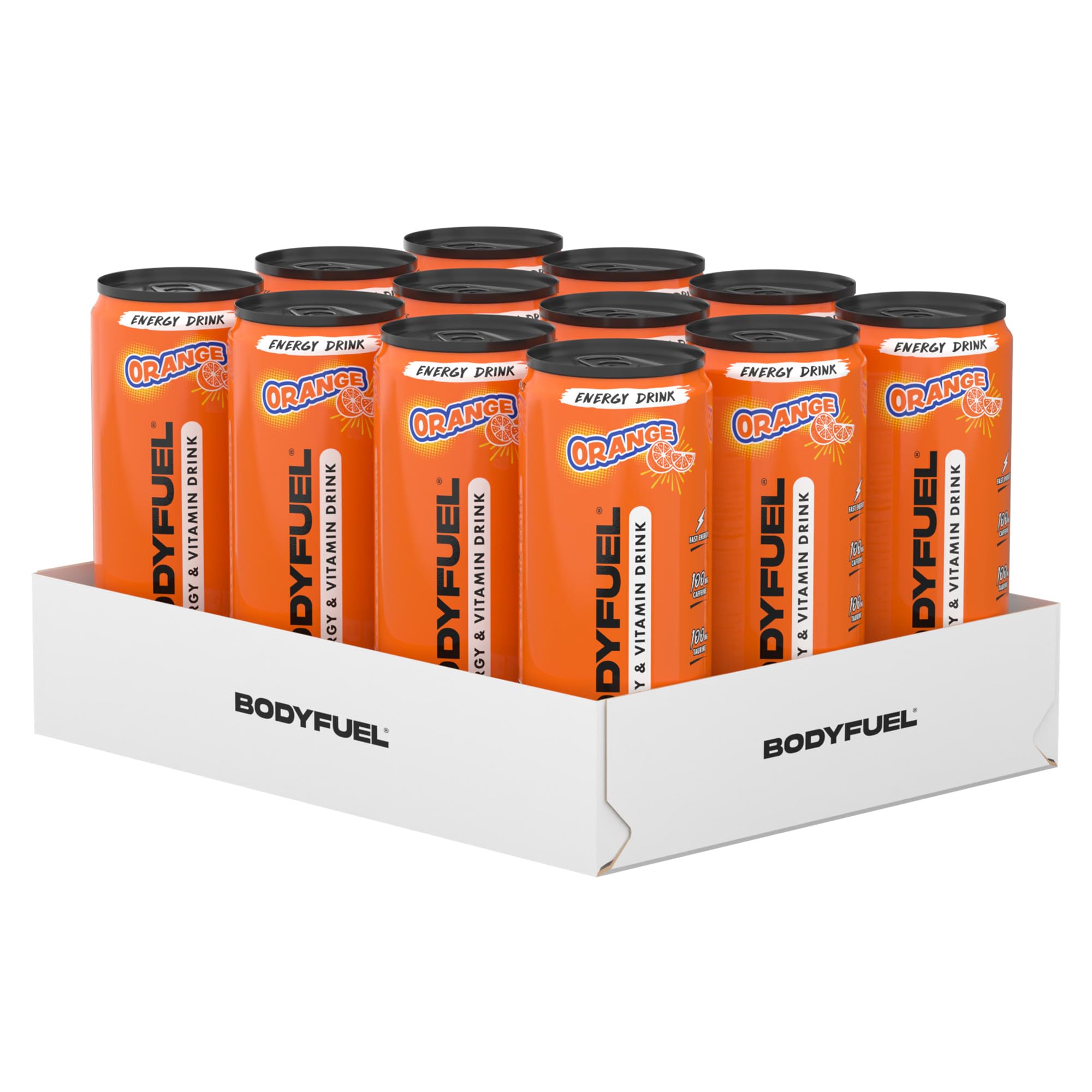 Applied Nutrition BodyFuel Energy & Vitamins Drink - Fast Energy, Energy Drink, Sugar Free with Caffeine (Pack of 12 Cans x 330ml) (Orange)