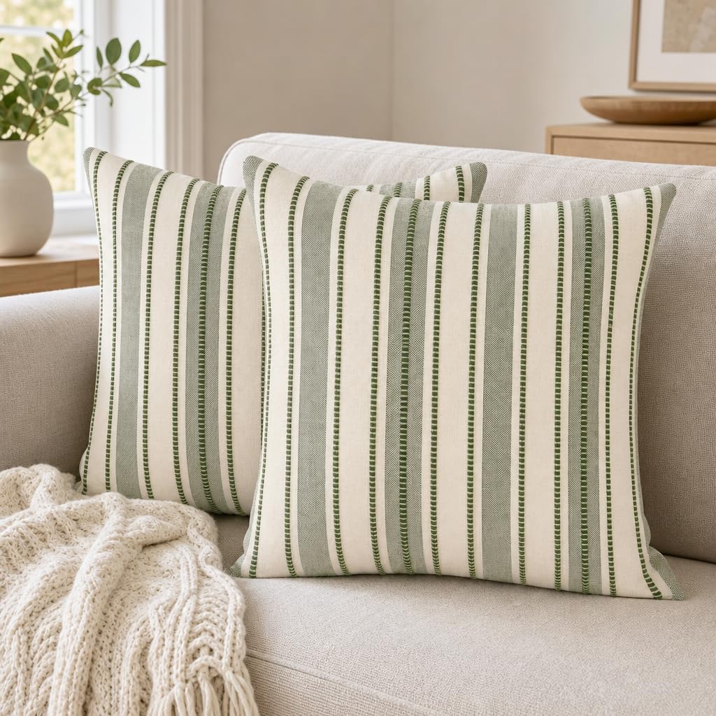 Hopomoon Green Striped Cushion Covers 45x45 cm Set of 2, Cotton Linen