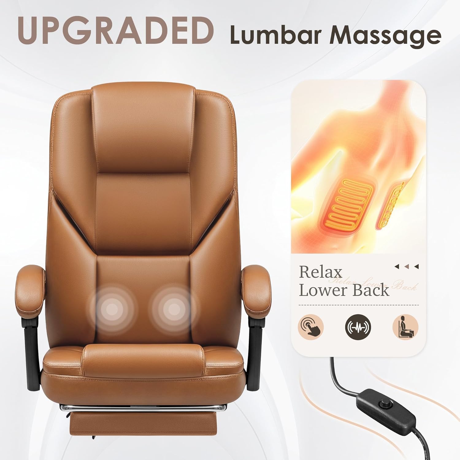 Shahoo Executive Office Chair with Massage, Ergonomic Reclining High Back Leather Seats with Footrest and Lumbar Support, Big and Tall, 400Lbs Heavy Duty, Brown - Image 8