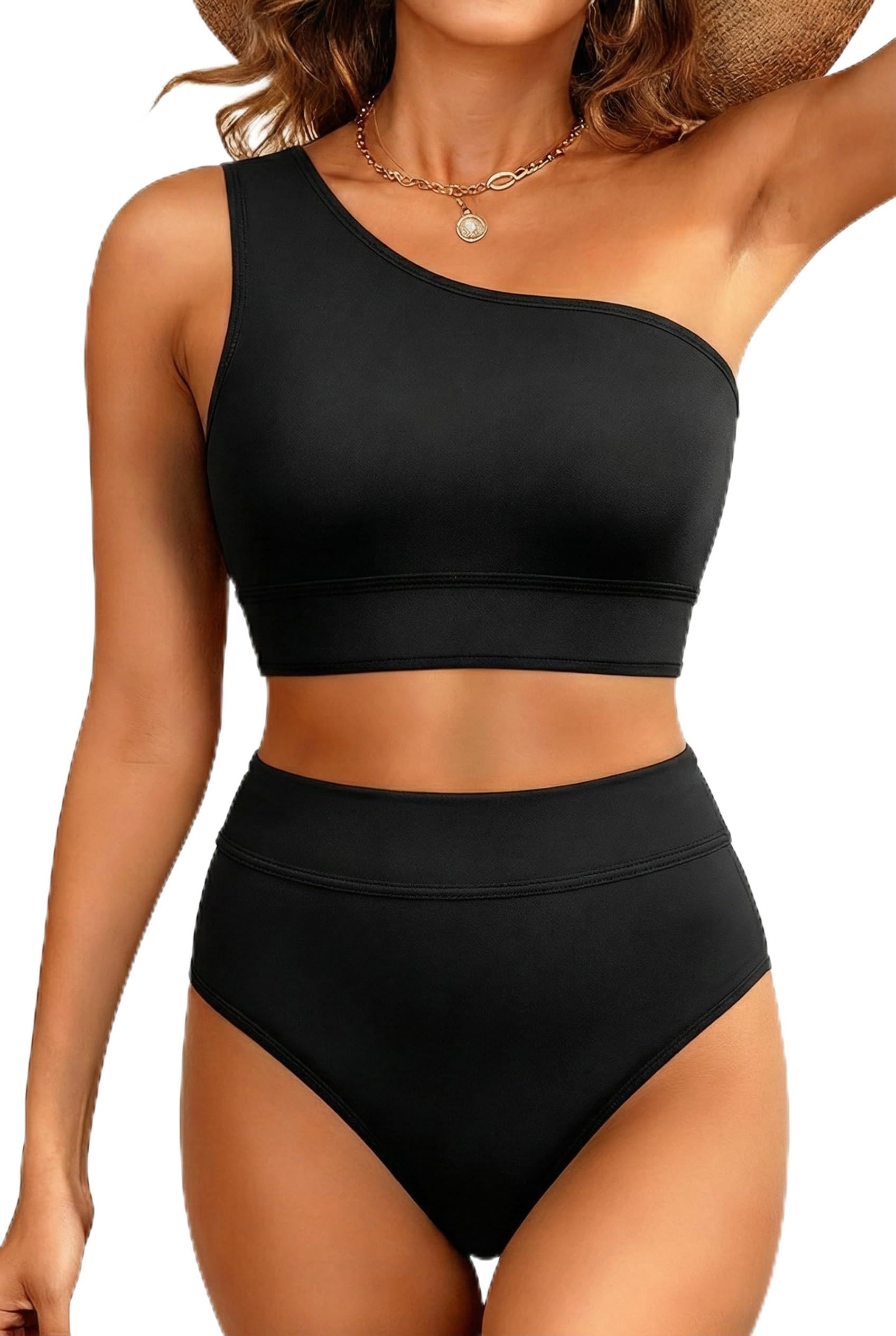 Holipick Damen-Bikini-Set mit einer Schulter, hohe Taille, Farbblock, zweiteiliger Badeanzug