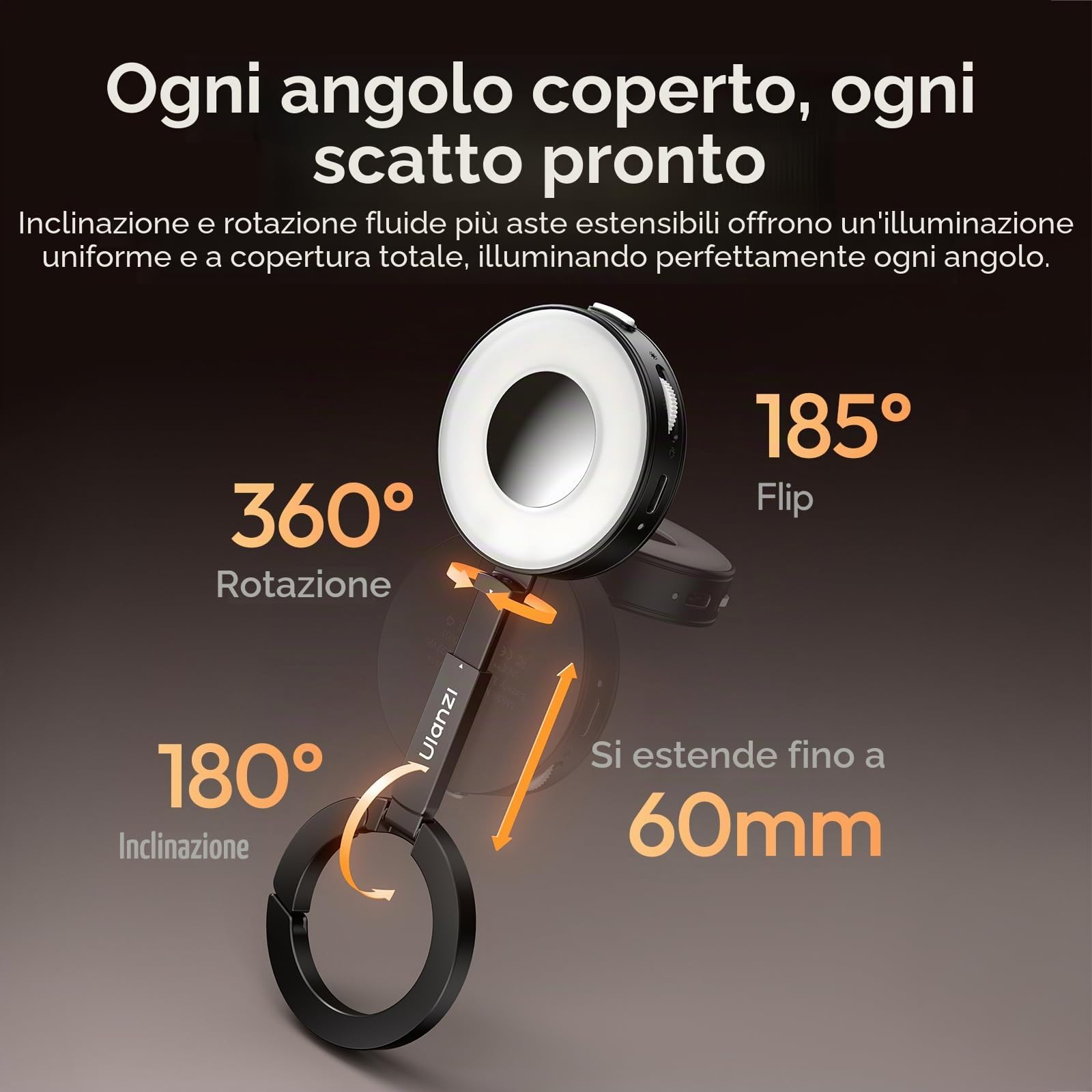 ULANZI ML05 Luce selfie per telefono, Luce ad anello magnetica per selfie con specchio, 9000K CRI≥97, Ring light portatile per smartphone ad angolo completo per viaggi, vlog, foto e video, Nero