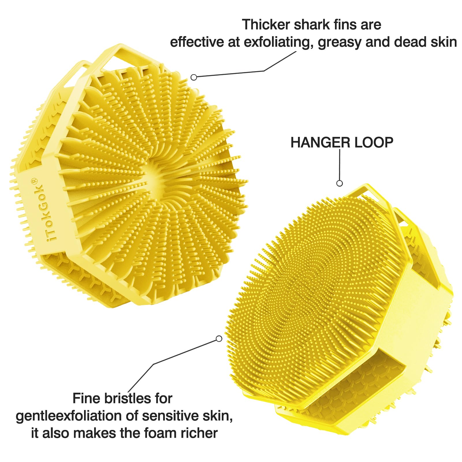 2-in-1 Silikon-Körperschrubber, doppelseitiges Design, Körperbürste, Silikon-Körperschrubber, Peeling-Körperbürsten für alle Haut, zum Duschen, schäumt gut – Gelb