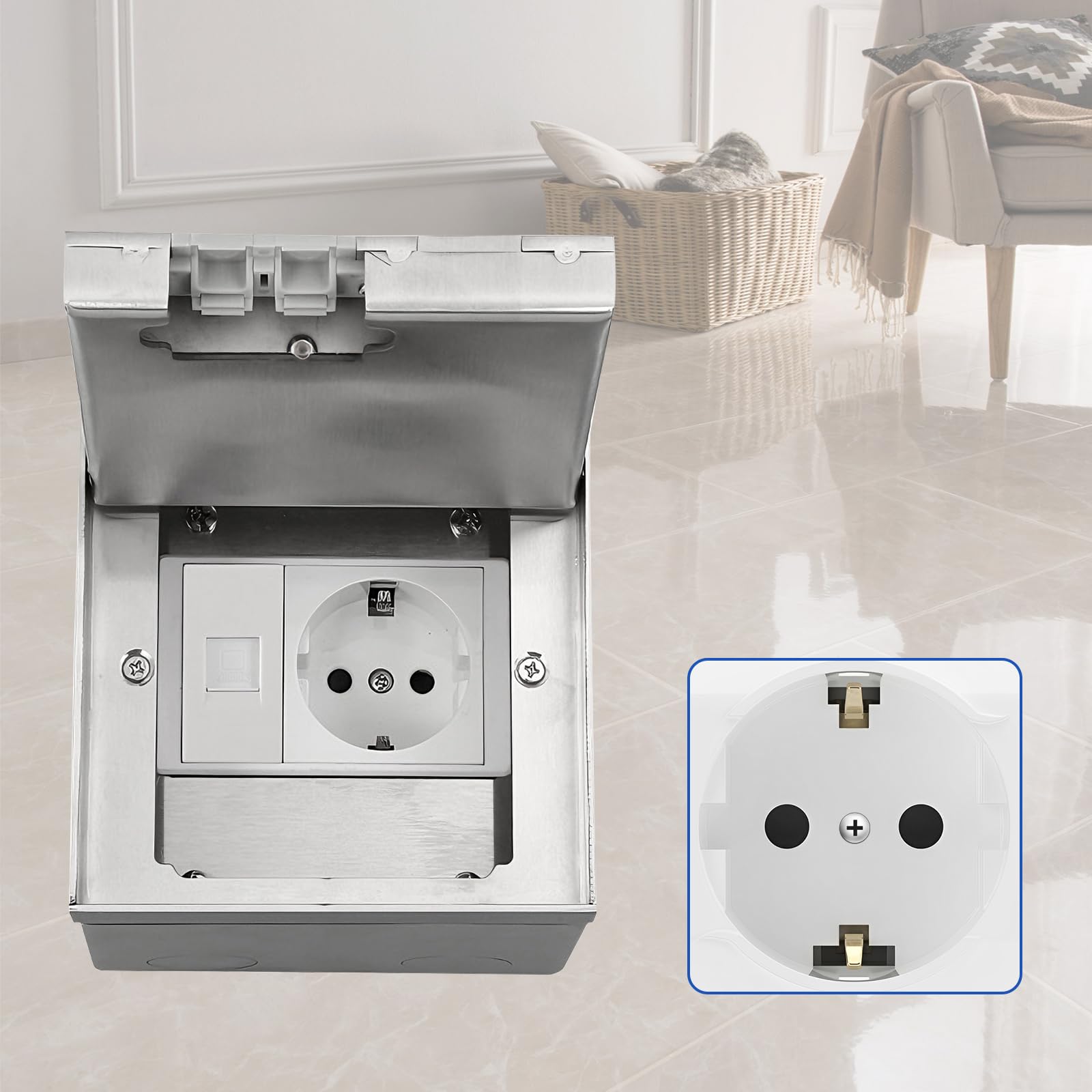 Scatola da Pavimento per Presa a Scomparsa | Set Presa 16A 4000W Acciaio Inox con Porta Rete, Esterna Impermeabile Incassabile per Uffici, Hotel, Scuole (1 Prese)
